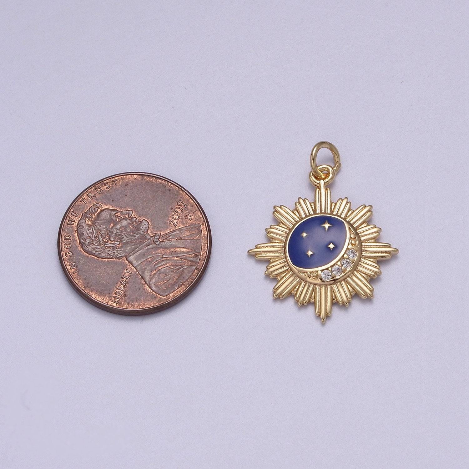 Dainty sunburst crescent moon stars medallion w/ micro cz paved blue enamel sky | diy charm piece for necklace bracelet earring | n-919