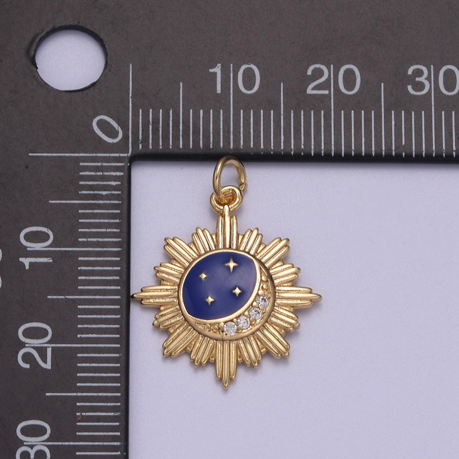 Dainty sunburst crescent moon stars medallion w/ micro cz paved blue enamel sky | diy charm piece for necklace bracelet earring | n-919