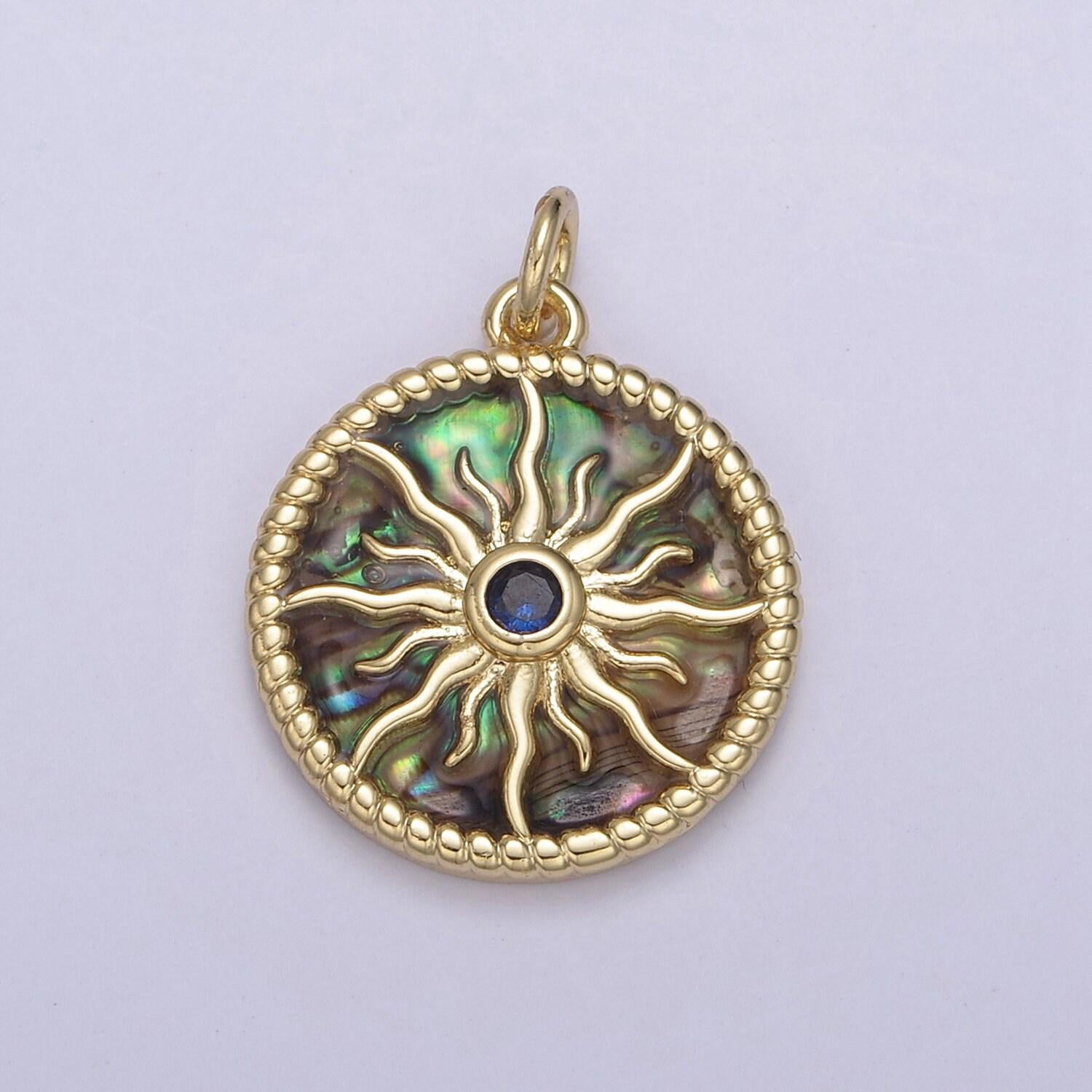 14k gold filled pearl, tiger eye, abalone shell charm pendant sun ray charm for celestial necklace bracelet jewelry making n-887