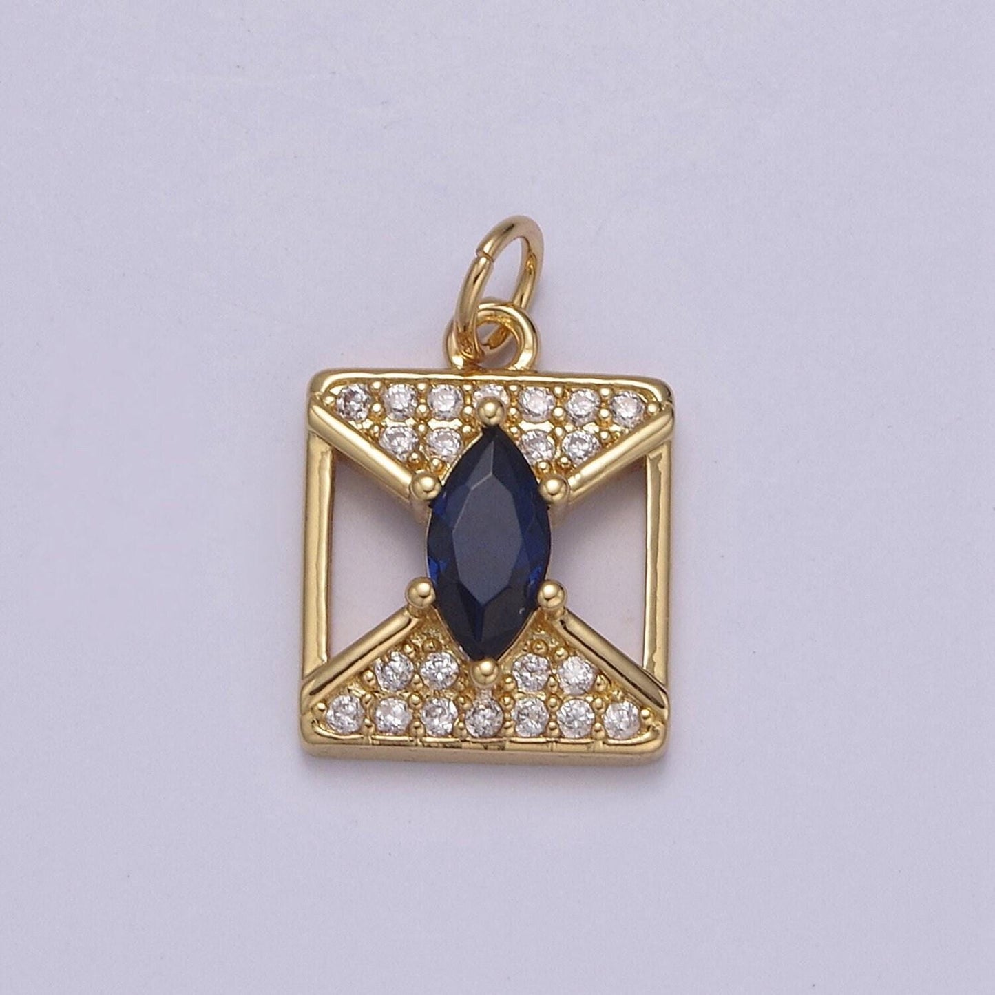 Dainty square cz paved blue gem centerpiece pendant charm amulet gold filled geometric shaped with diagonals | n-876