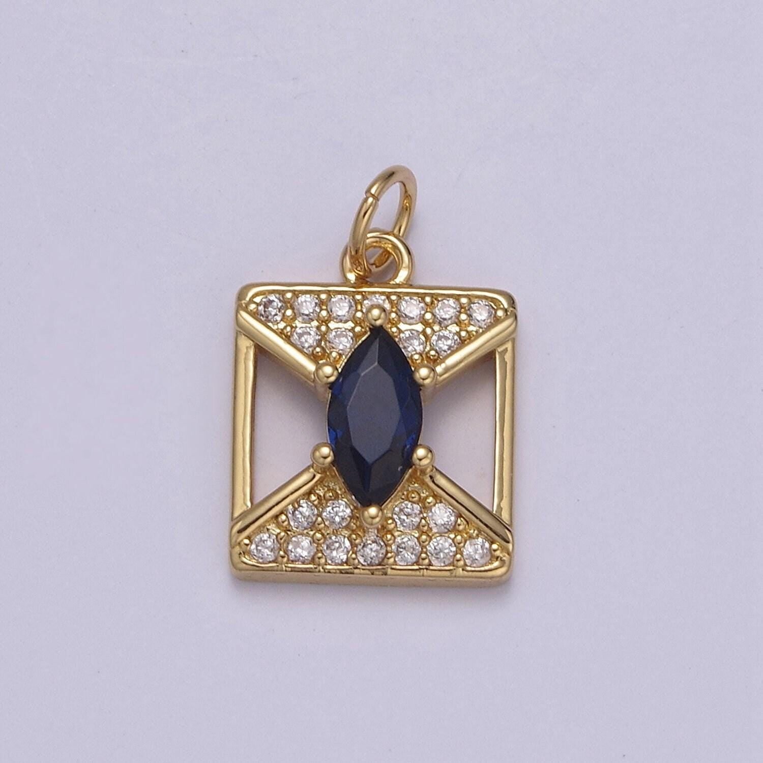 Dainty square cz paved blue gem centerpiece pendant charm amulet gold filled geometric shaped with diagonals | n-876