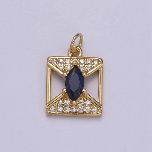 Dainty square cz paved blue gem centerpiece pendant charm amulet gold filled geometric shaped with diagonals | n-876