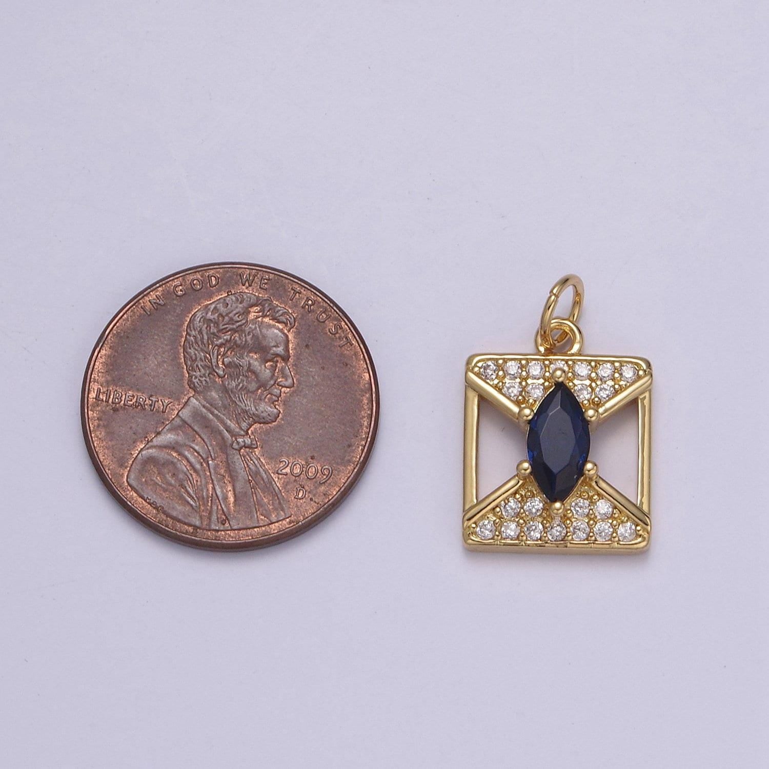 Dainty square cz paved blue gem centerpiece pendant charm amulet gold filled geometric shaped with diagonals | n-876