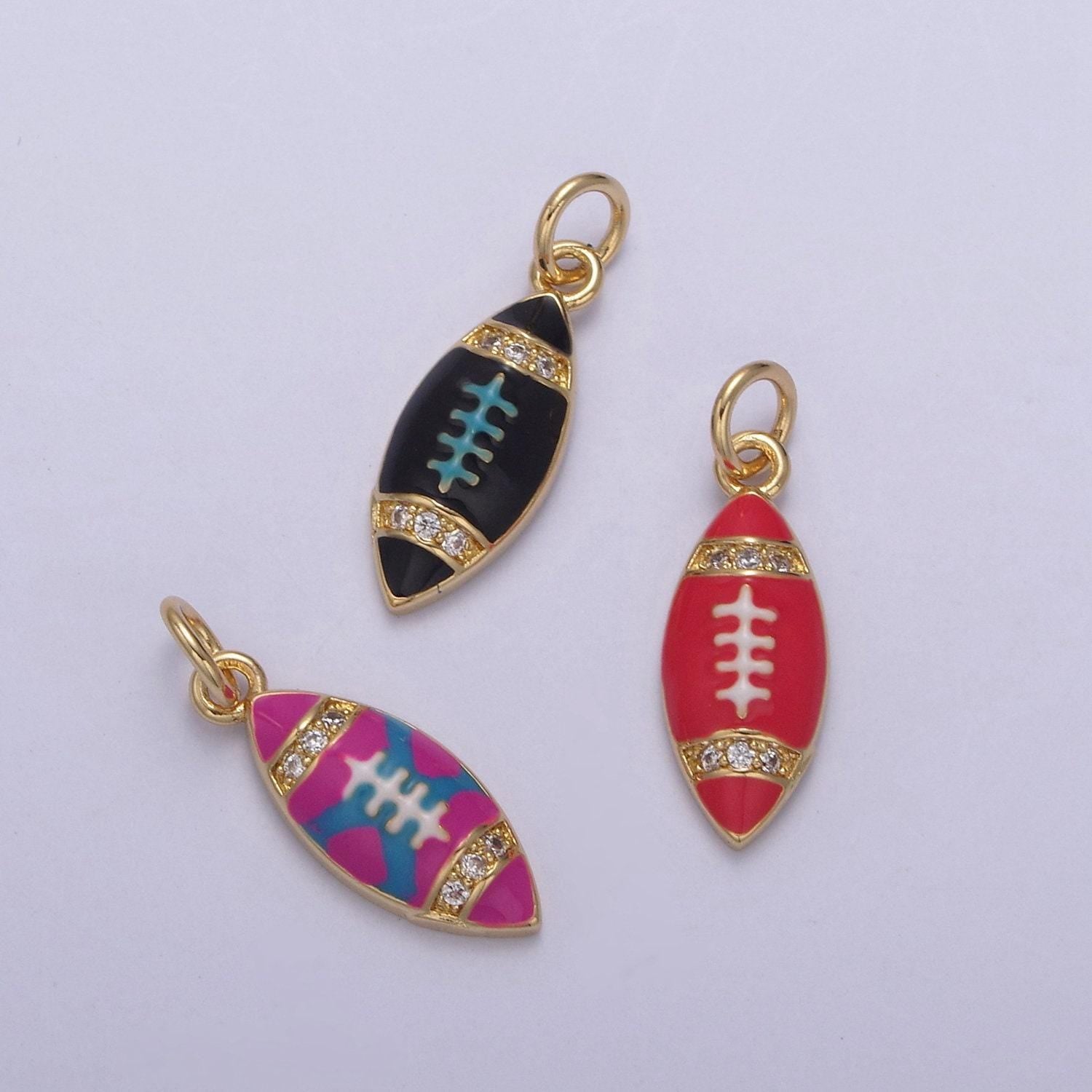 Small gold football pendant micro pave black red purple enamel option | diy fashion jewelry charm add on necklace bracelet earring | n-874