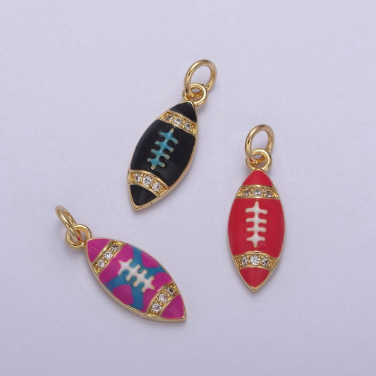 Small gold football pendant micro pave black red purple enamel option | diy fashion jewelry charm add on necklace bracelet earring | n-874