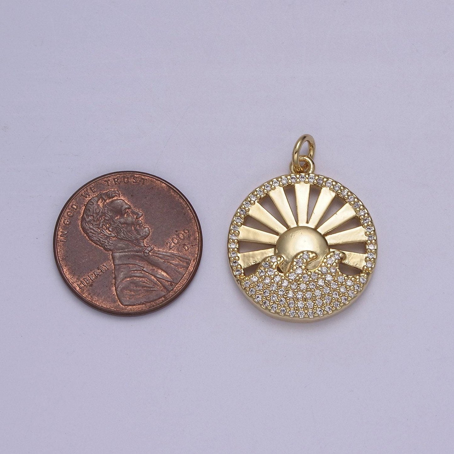 Dainty sun burst with micro pave ocean wave pendant 14k gold filled medallion | diy coin charm necklace bracelet | n-849