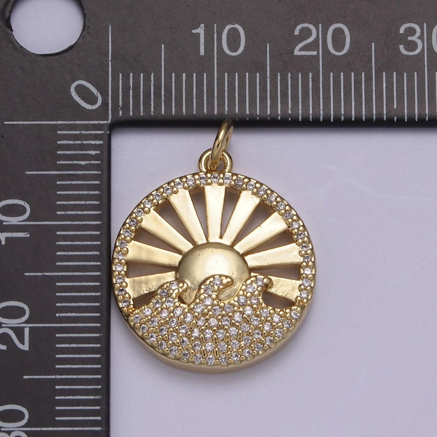 Dainty sun burst with micro pave ocean wave pendant 14k gold filled medallion | diy coin charm necklace bracelet | n-849