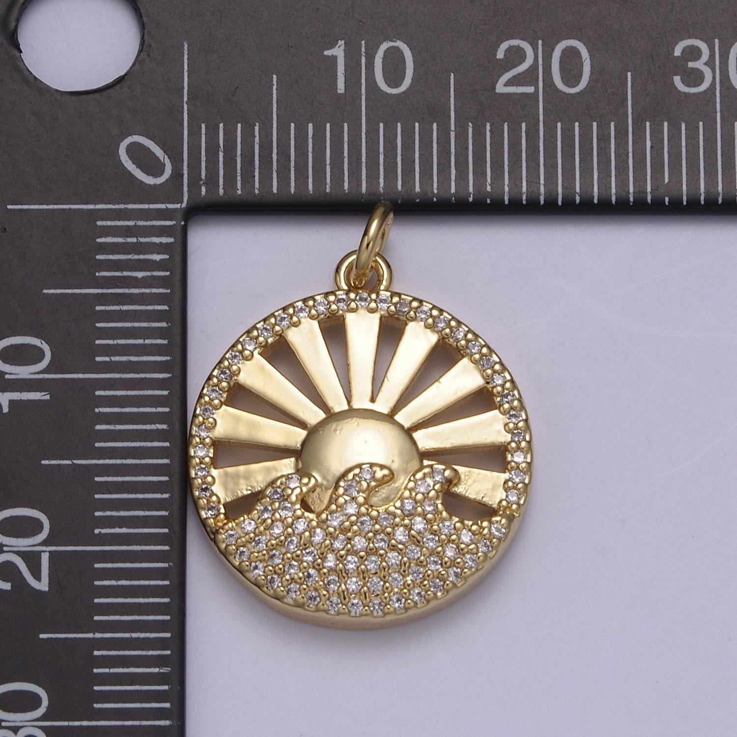 Dainty sun burst with micro pave ocean wave pendant 14k gold filled medallion | diy coin charm necklace bracelet | n-849