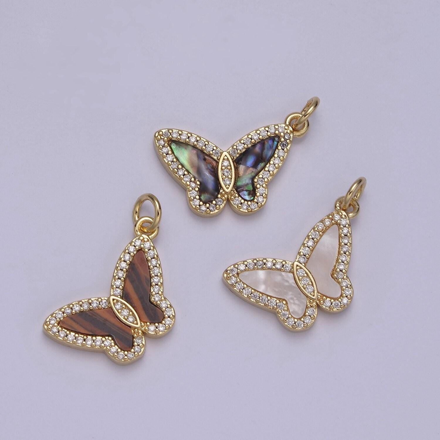 1x dainty gold filled cz paved tiger's eye, pearl, abalone monarch butterfly diy charm for necklace bracelet earring| n-844 n-845 n-846