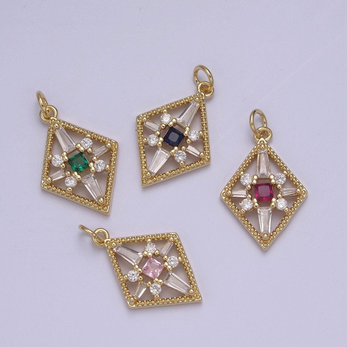 Dainty baguette rhobus geometric shape cz charm, gemstone pendant with 4 color option | diy fashion charm add on necklace bracelet | n-840