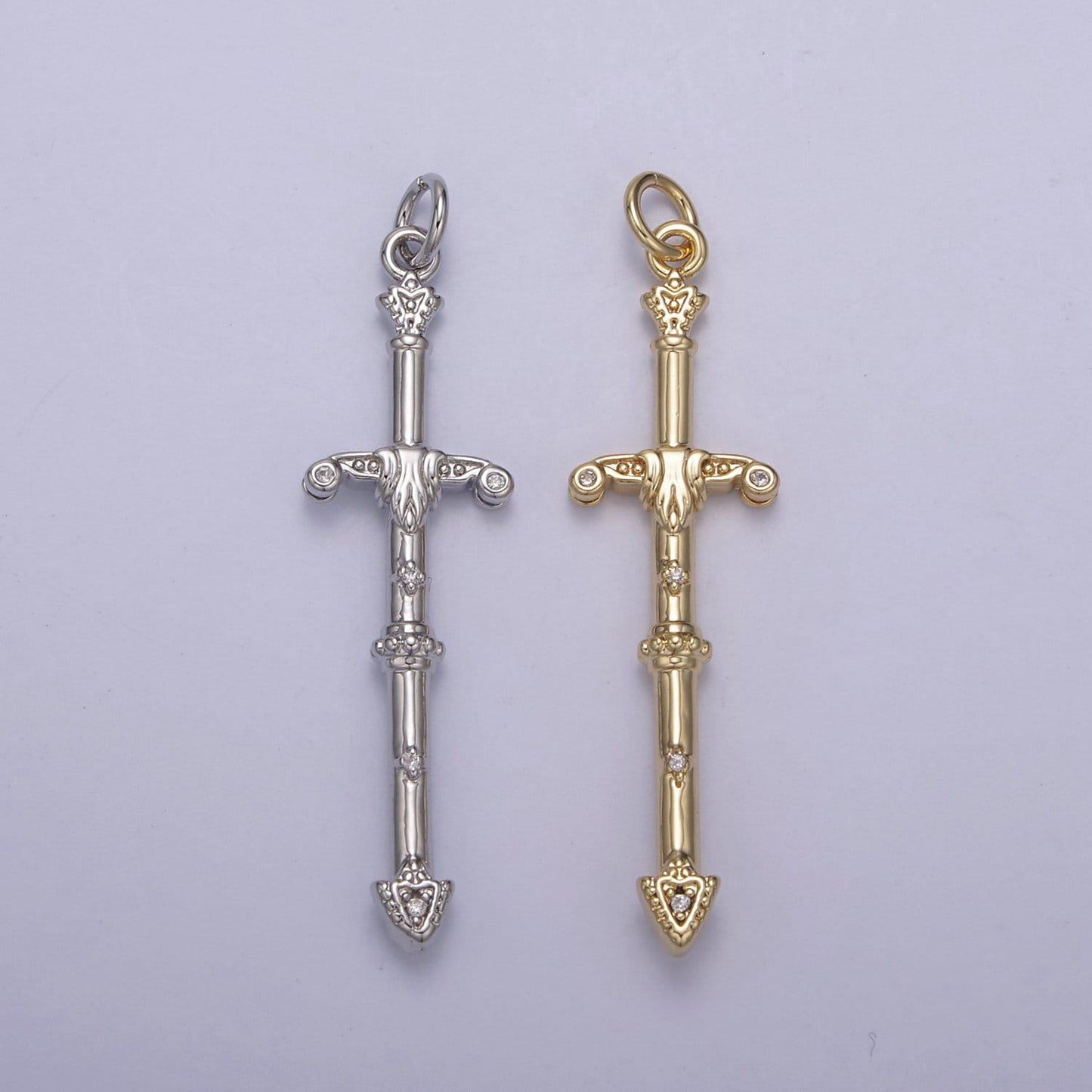 Sheated sword pendant in gold/silver large claymore longsword amulet cz pave | diy fashion charm add on necklace bracelet | n-838 n-839