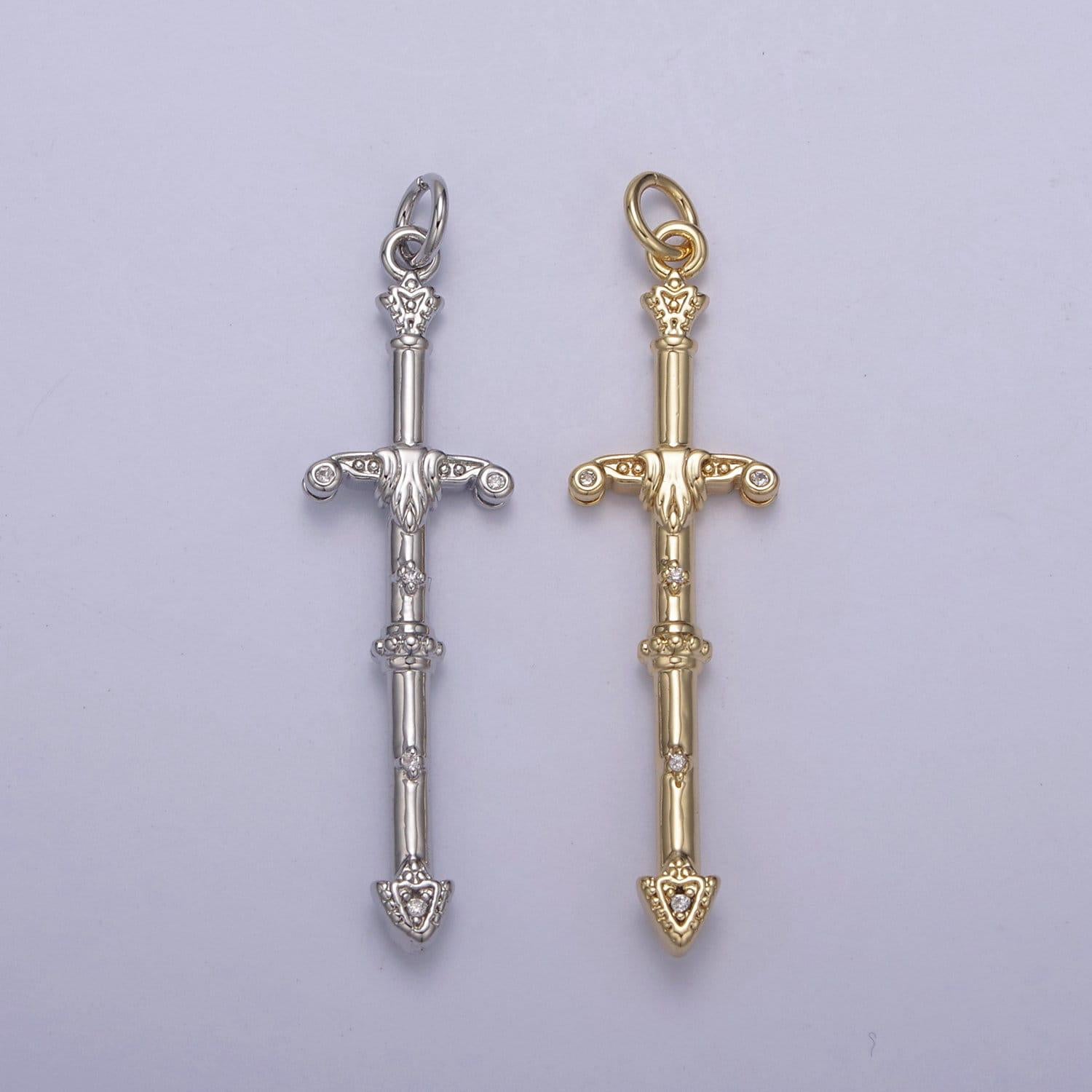 Sheated sword pendant in gold/silver large claymore longsword amulet cz pave | diy fashion charm add on necklace bracelet | n-838 n-839