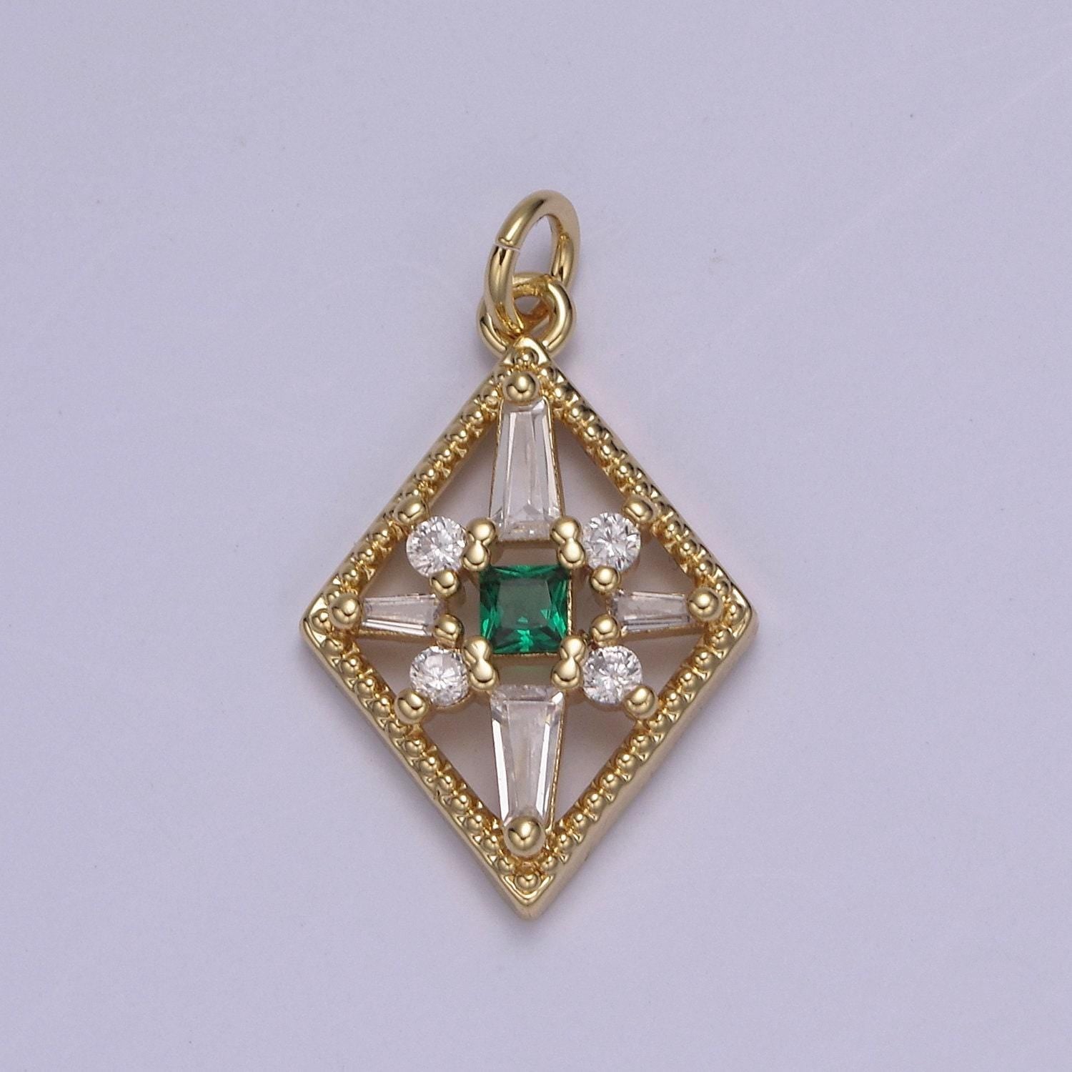 Dainty baguette rhobus geometric shape cz charm, gemstone pendant with 4 color option | diy fashion charm add on necklace bracelet | n-840