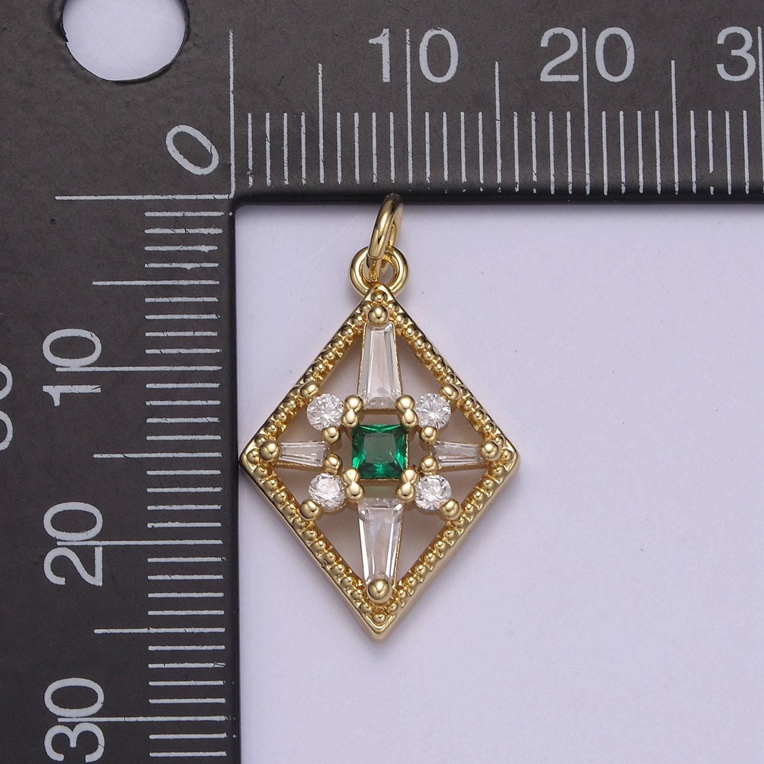 Dainty baguette rhobus geometric shape cz charm, gemstone pendant with 4 color option | diy fashion charm add on necklace bracelet | n-840