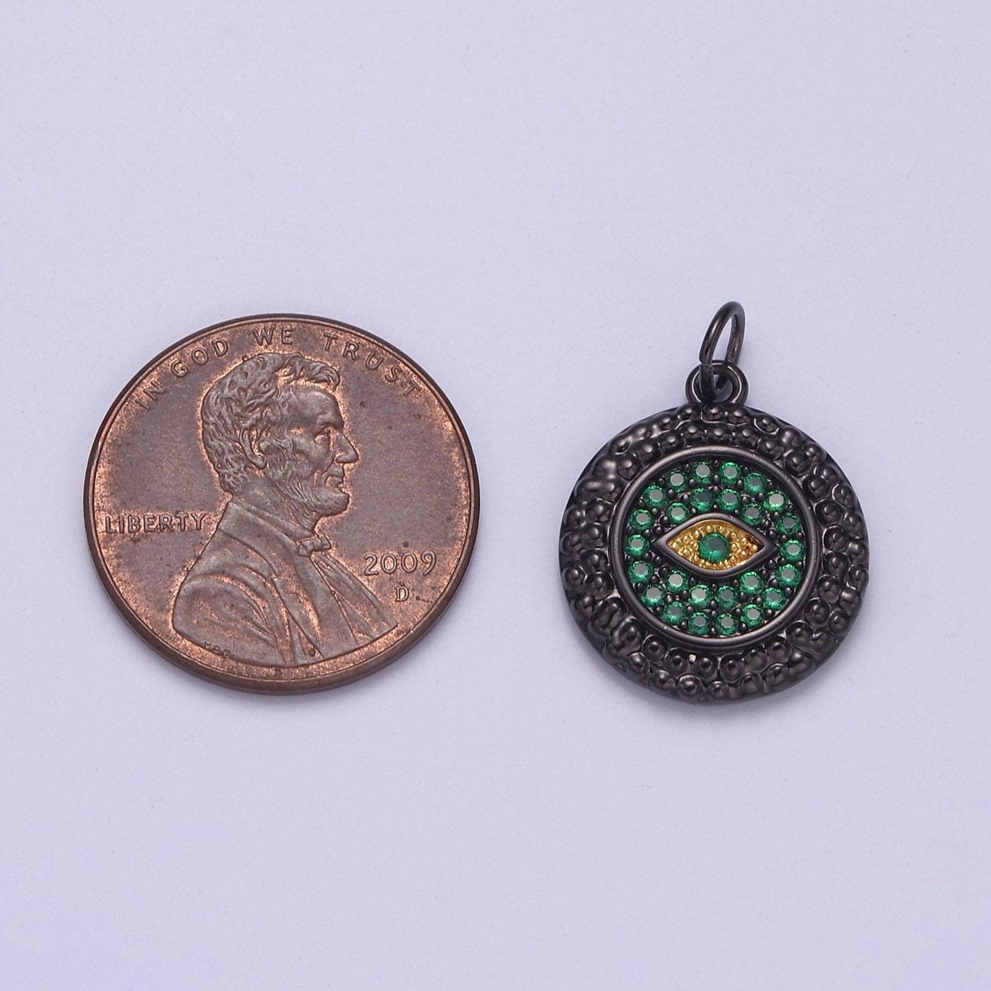 Mini gunmetal black green cz paved evil eye medallion charm piece, diy round coin amulet component necklace bracelet earrings| n-832