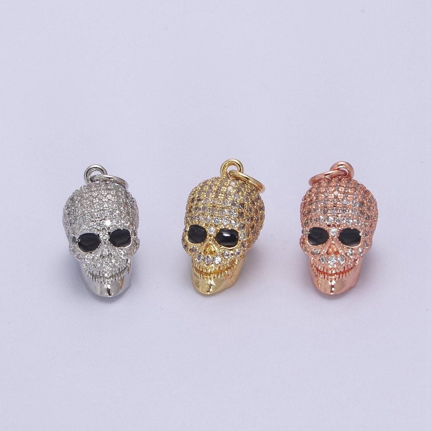 Micro cz paved 3d skull charm black eye in gold, silver, rose gold | diy pendant, amulet, bracelet piece | n-824 n-825 n-826