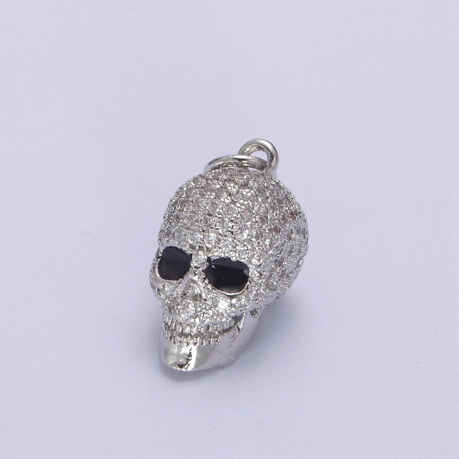 Micro cz paved 3d skull charm black eye in gold, silver, rose gold | diy pendant, amulet, bracelet piece | n-824 n-825 n-826