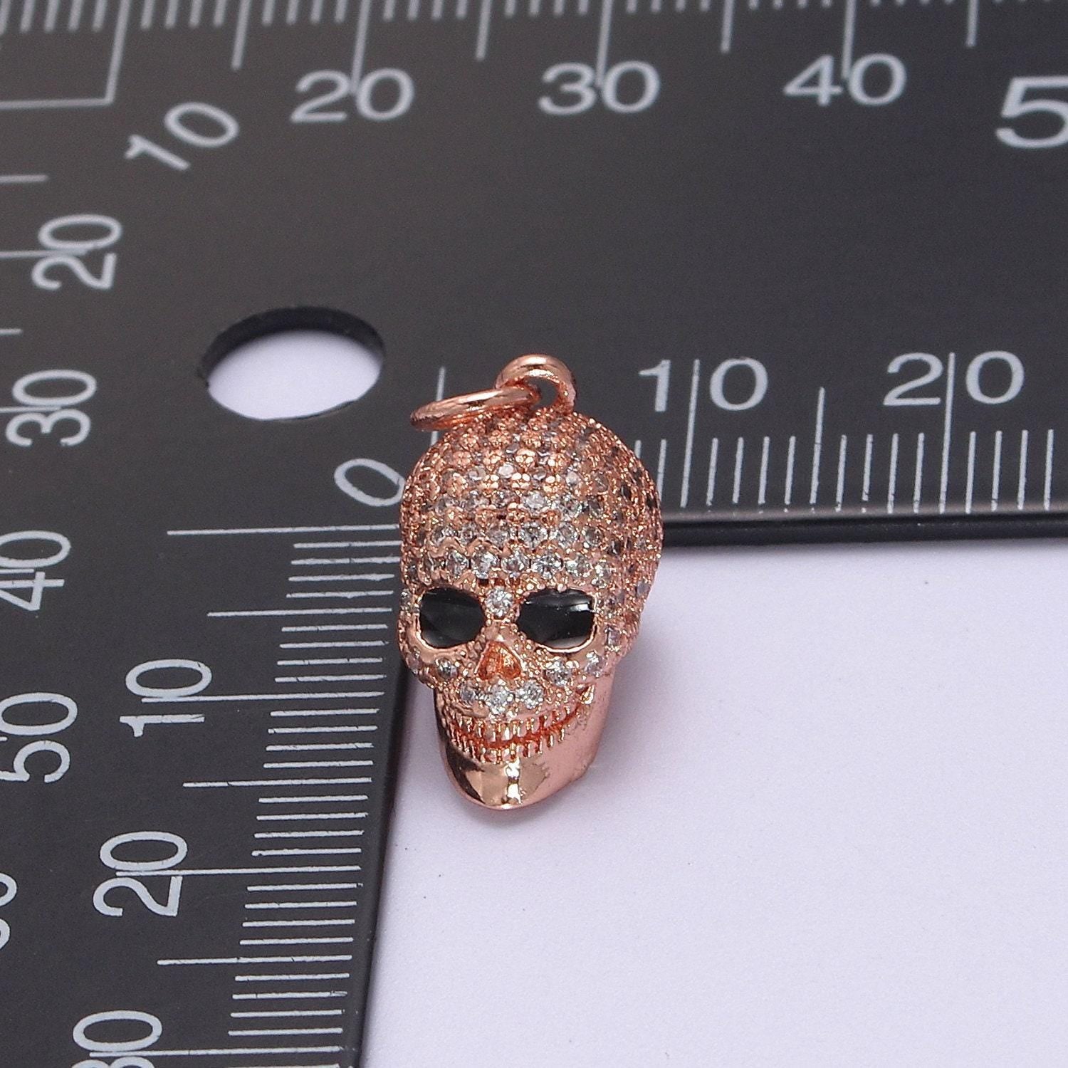 Micro cz paved 3d skull charm black eye in gold, silver, rose gold | diy pendant, amulet, bracelet piece | n-824 n-825 n-826