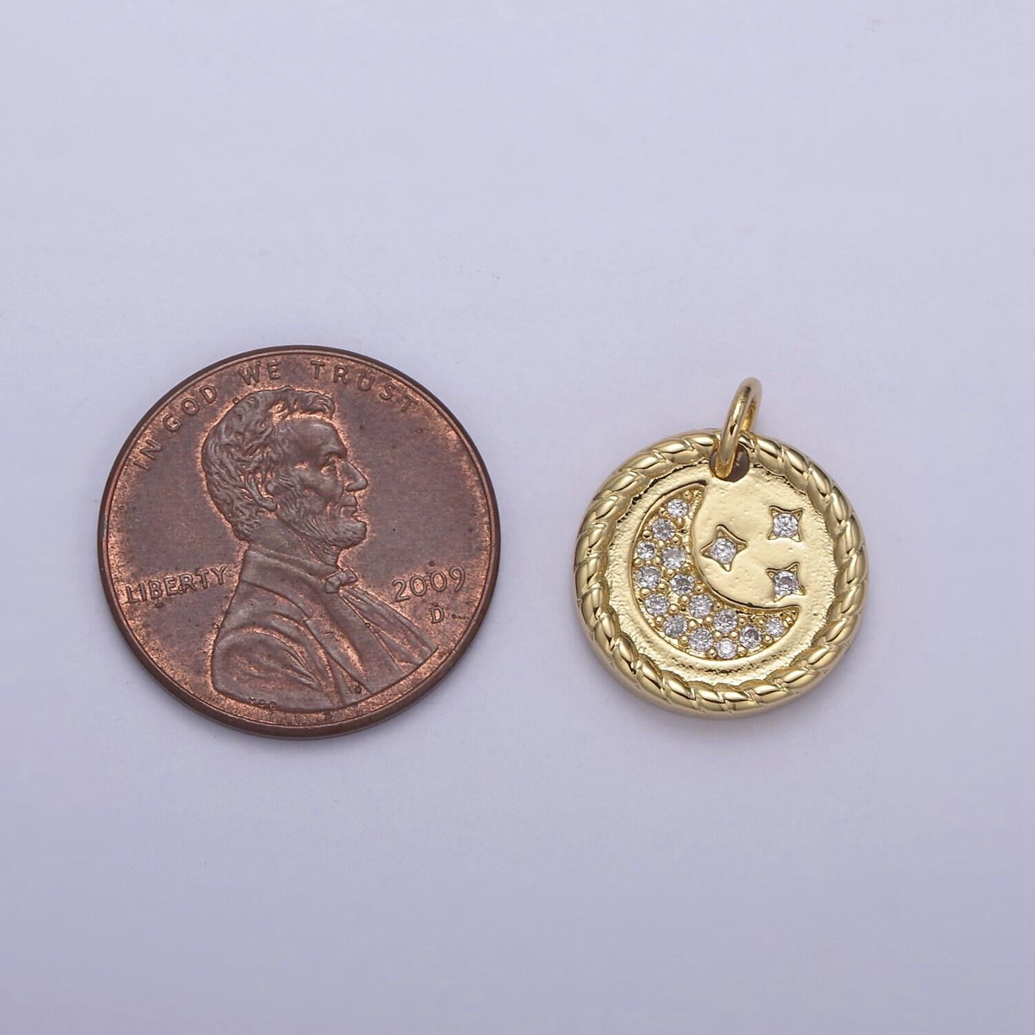 Small crescent moon and stars celestial charm 24k gold paved cz charm bracelet diy piece mini pendant amulet n-810