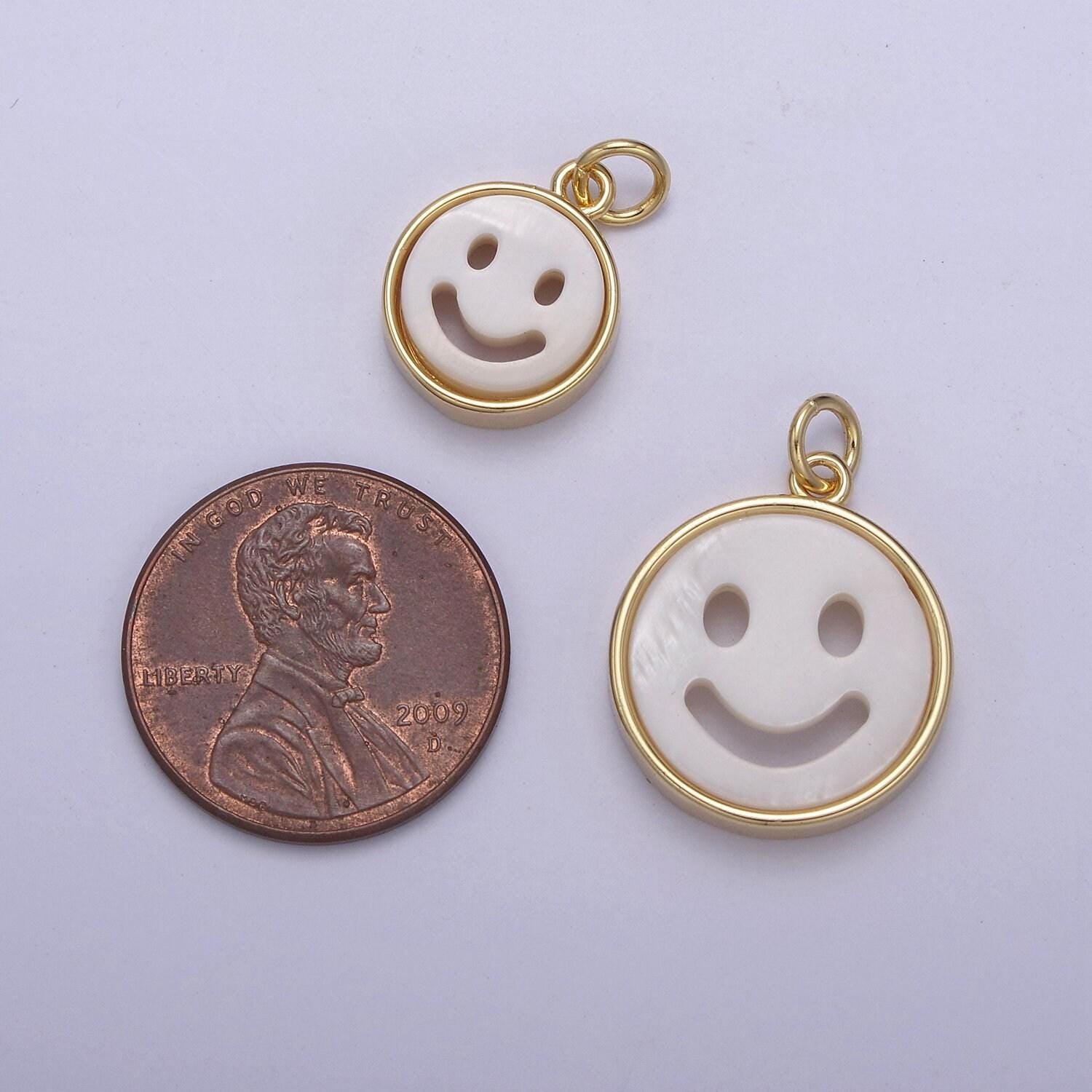 Small smile face charm white shell 24k gold, mini happy face charm front and back n-802 n-803