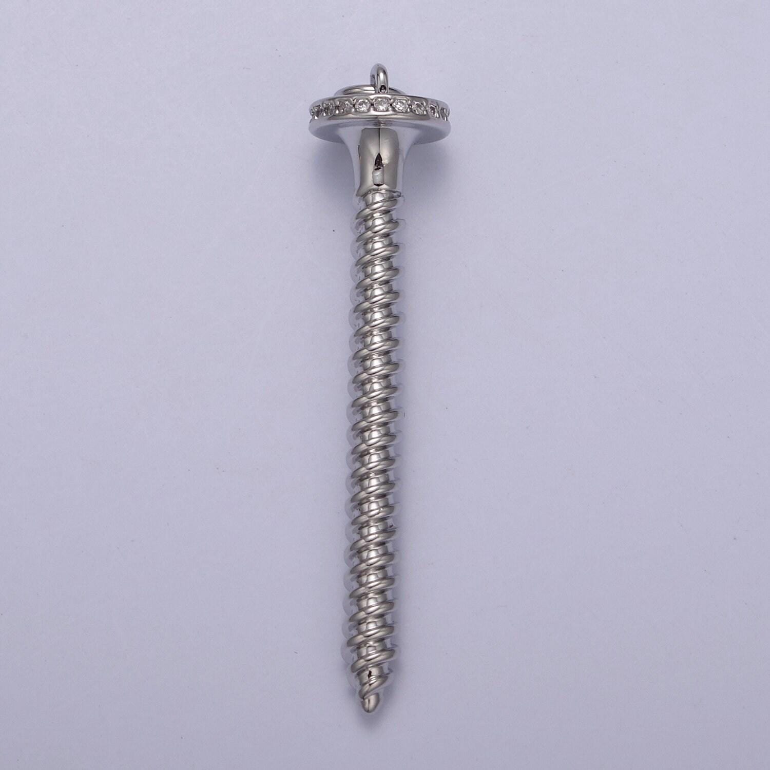 Dainty long screw nail pendant in gold/silver cz micro pave | diy fashion jewelry charm add on necklace bracelet earring | n-788 n-789