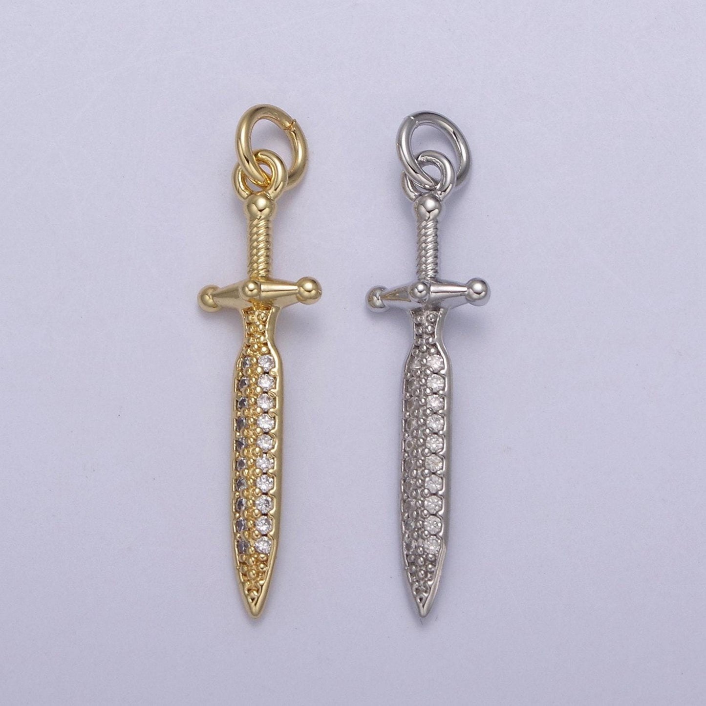 Dainty sword pendant in gold/silver small gladius dagger amulet cz pave | diy fashion charm add on necklace bracelet | n-781 n-782
