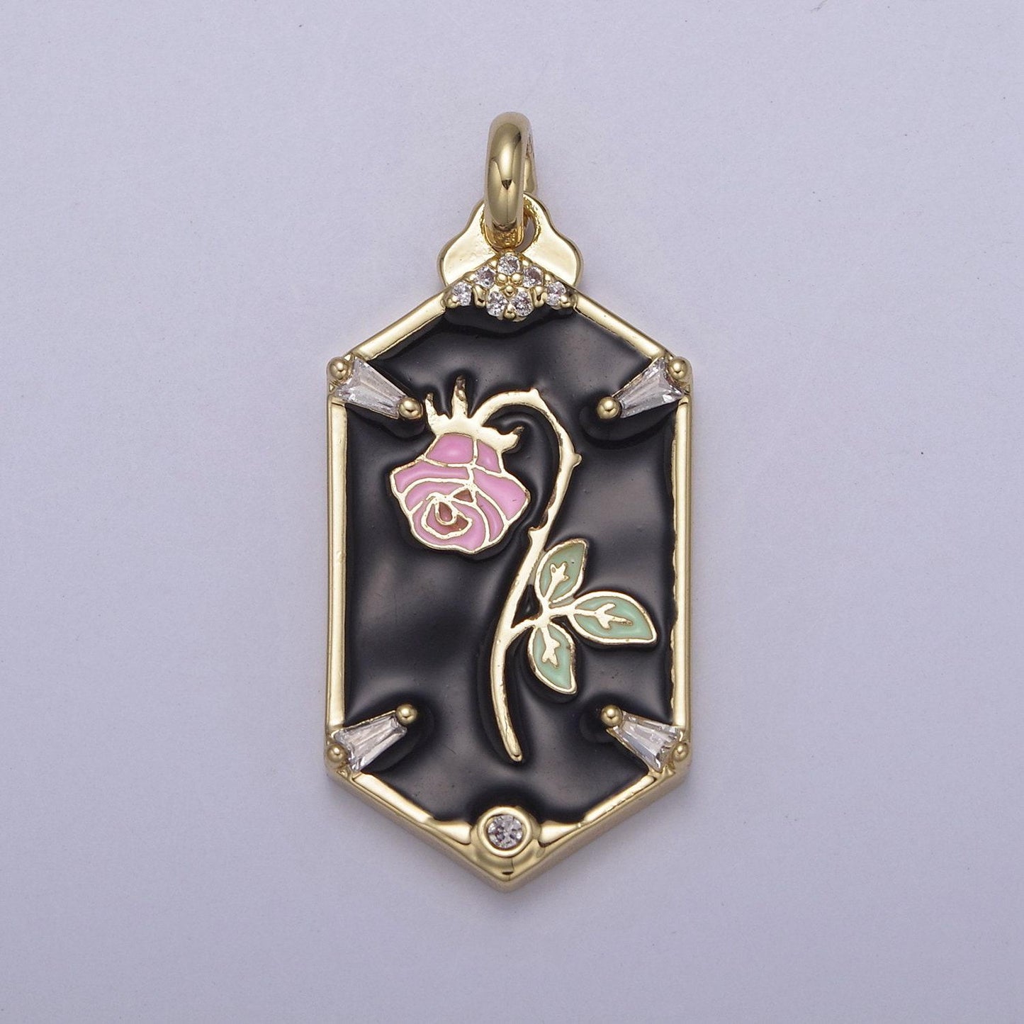 Dainty hexagon pink rose pendant fairytale inspired in black/white | diy fashion charm add on necklace bracelet earring | n-760