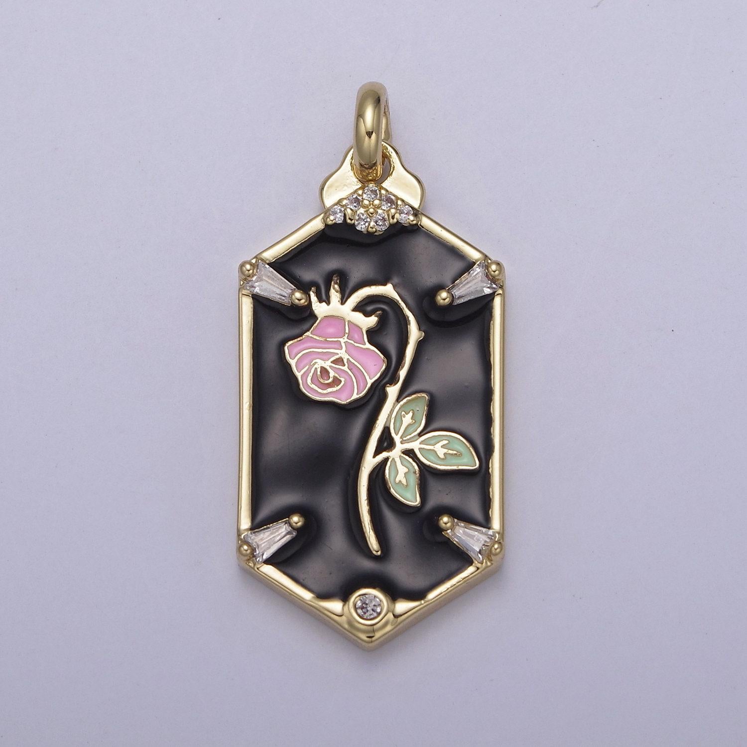 Dainty hexagon pink rose pendant fairytale inspired in black/white | diy fashion charm add on necklace bracelet earring | n-760