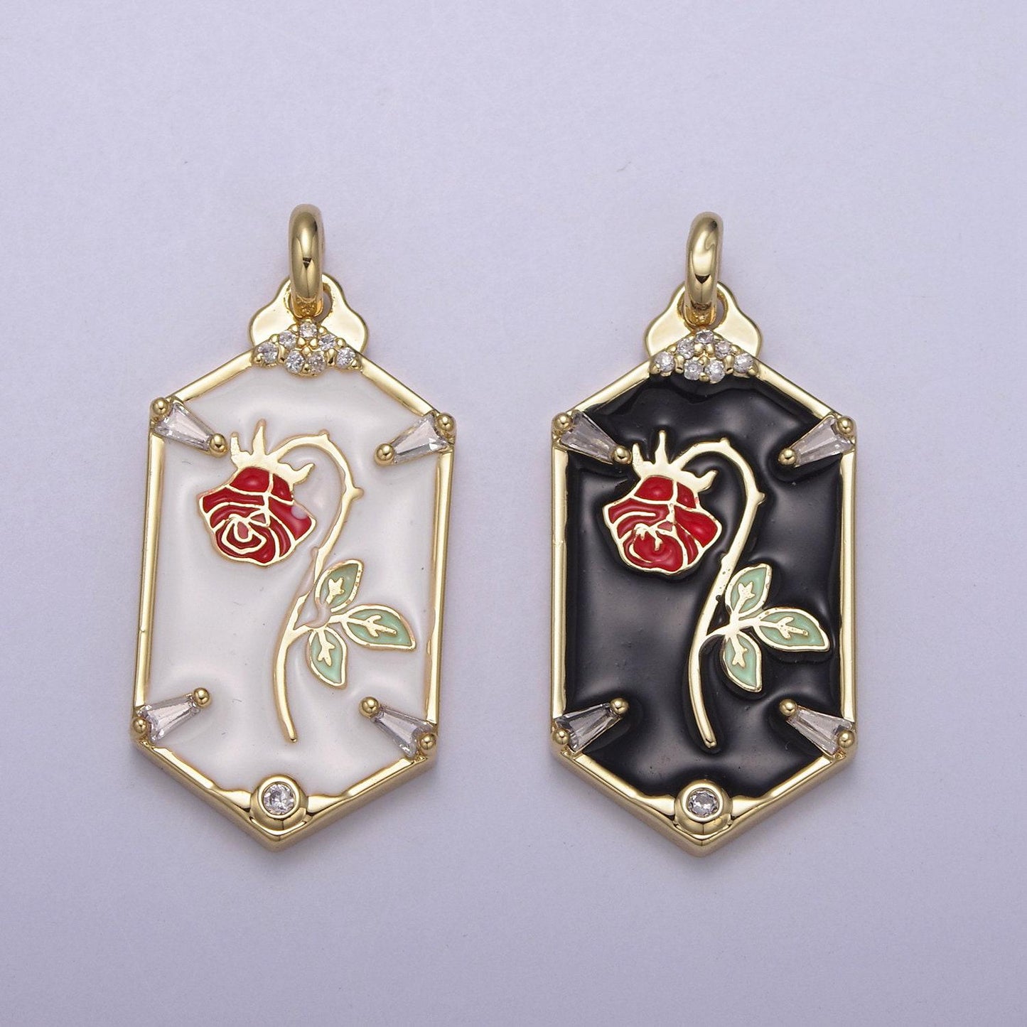 Dainty hexagon red rose pendant fairytale inspired in black/white | diy fashion charm add on necklace bracelet earring | n-759