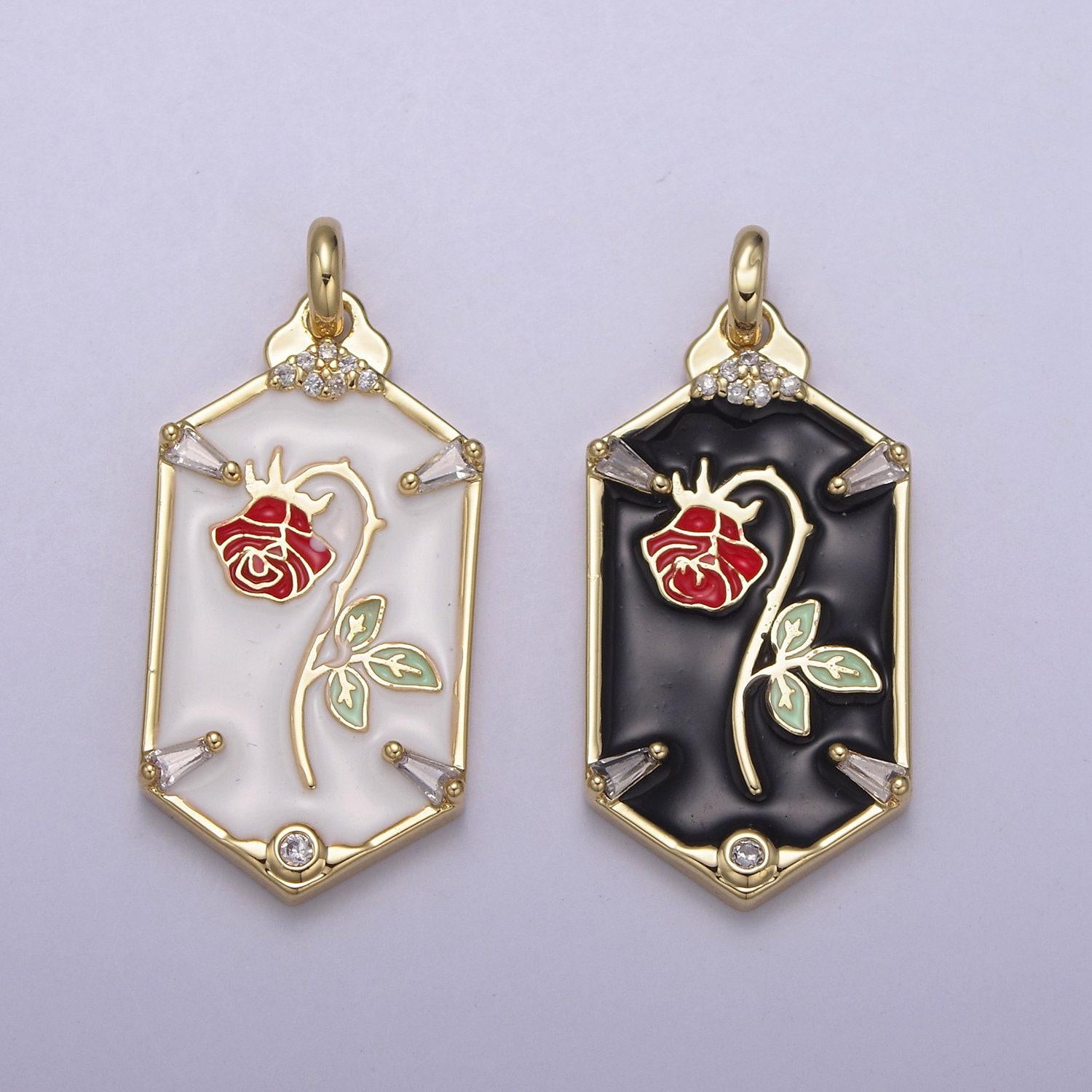 Dainty hexagon red rose pendant fairytale inspired in black/white | diy fashion charm add on necklace bracelet earring | n-759