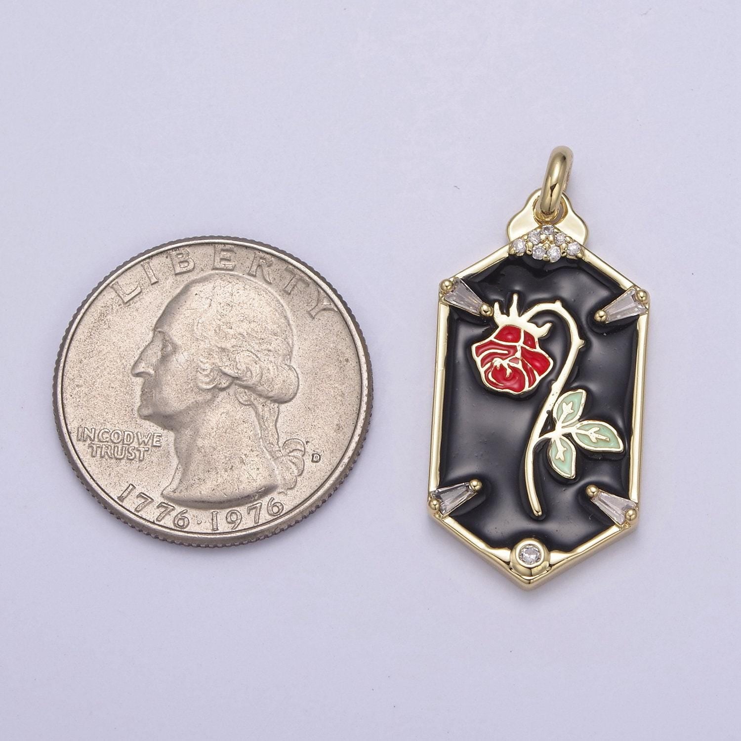 Dainty hexagon red rose pendant fairytale inspired in black/white | diy fashion charm add on necklace bracelet earring | n-759