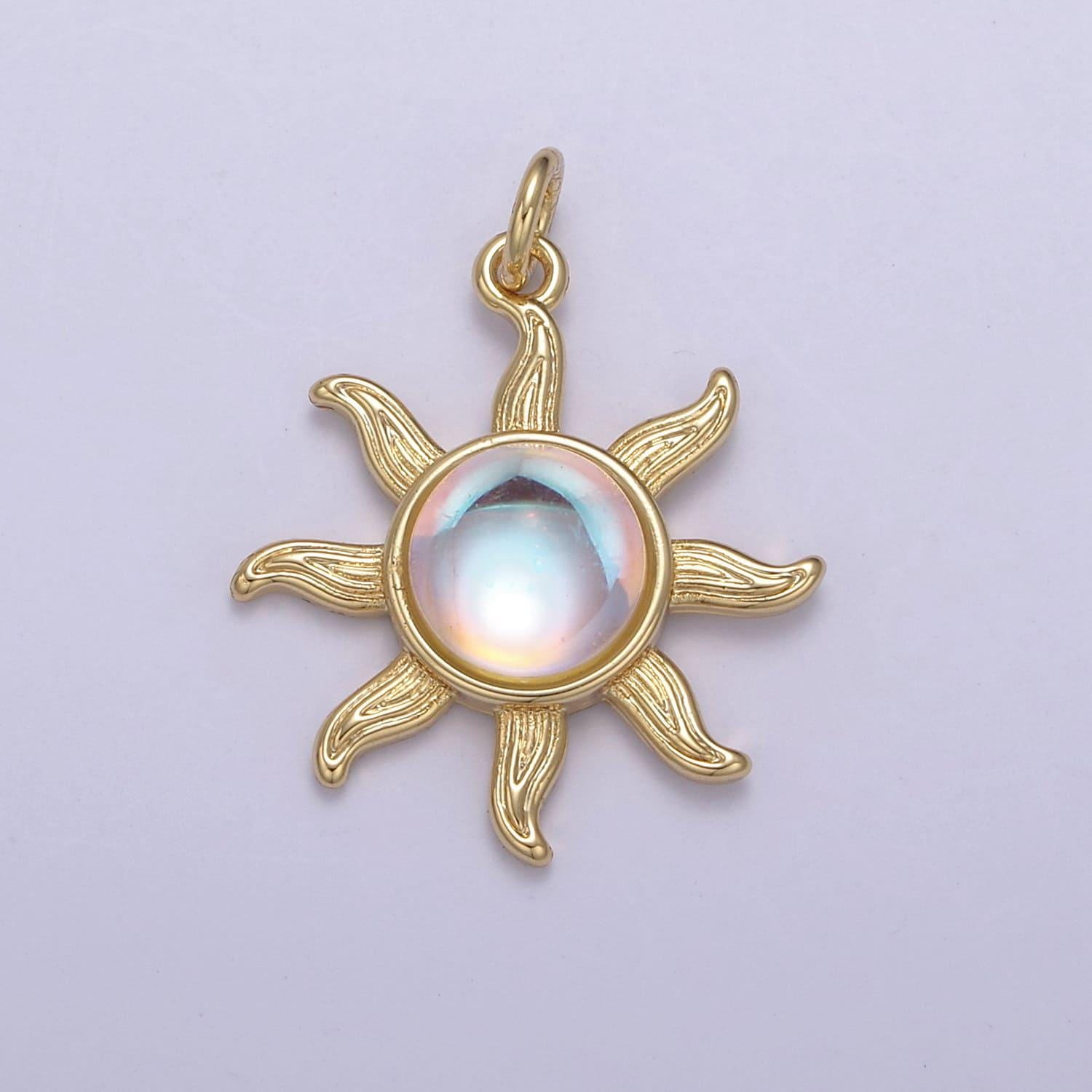 Rainbow moonstone sun pendant in gold/silver june birthstone bohemian celestial jewelry | diy fashion charm add on necklace bracelet | n-757