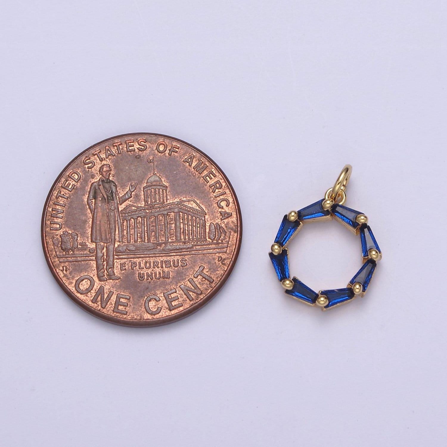 Blue baguette cut cz dainty pendant round loop hoop medallion charm | diy fashion jewelry addon necklace bracelet earring | n-753