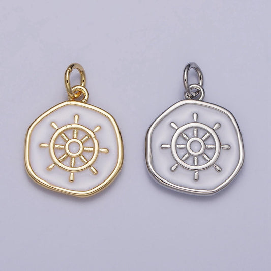 Dainty ship steering wheel pendant with white enamel finish 24k gold filled | diy jewelry charm add on necklace bracelet earring | n-745