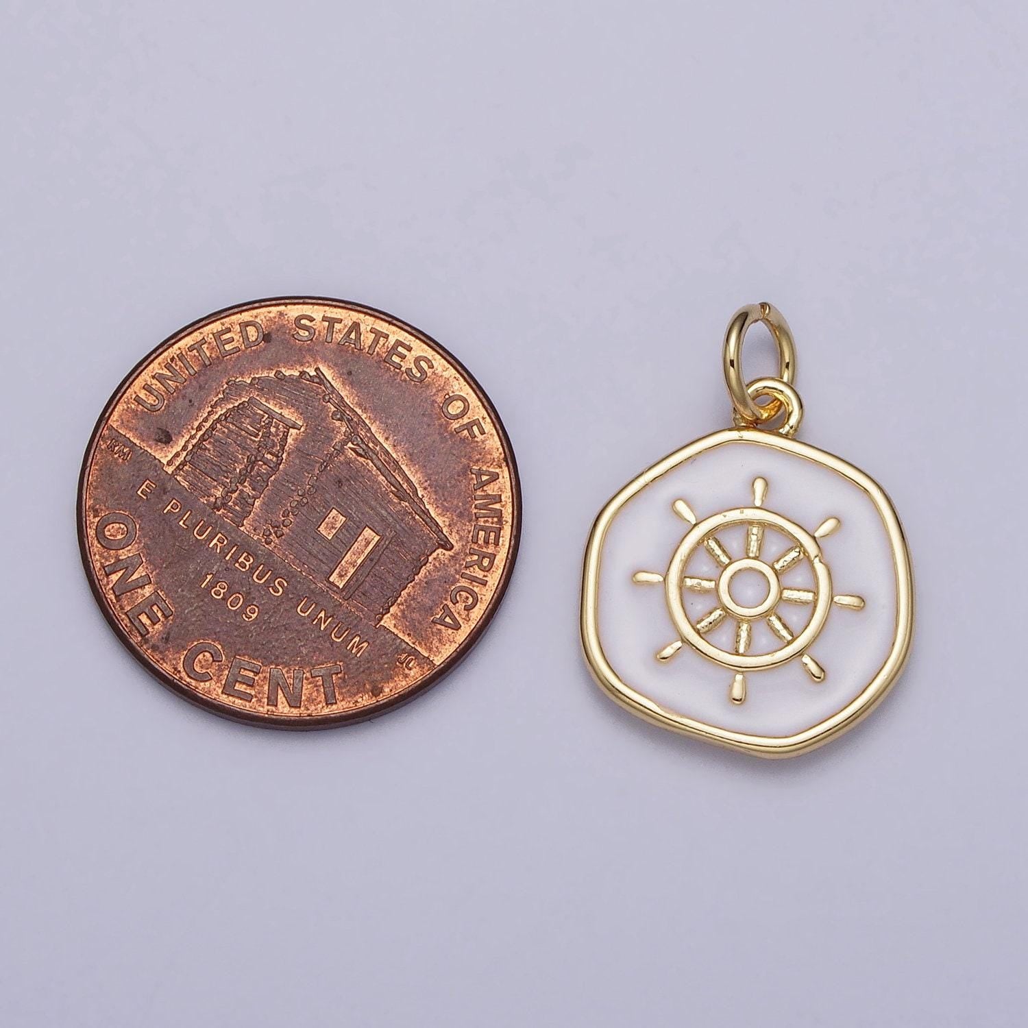 Dainty ship steering wheel pendant with white enamel finish 24k gold filled | diy jewelry charm add on necklace bracelet earring | n-745