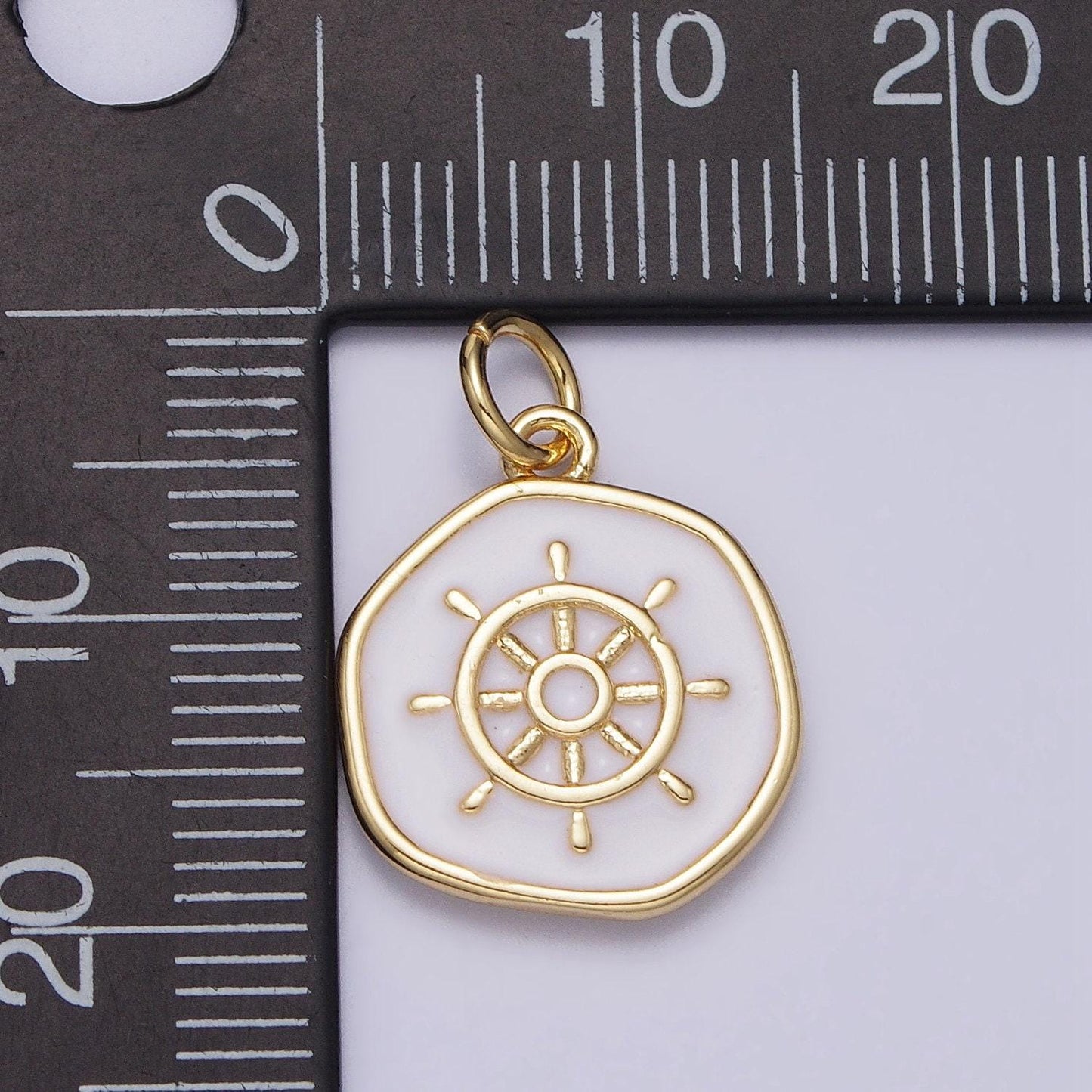 Dainty ship steering wheel pendant with white enamel finish 24k gold filled | diy jewelry charm add on necklace bracelet earring | n-745
