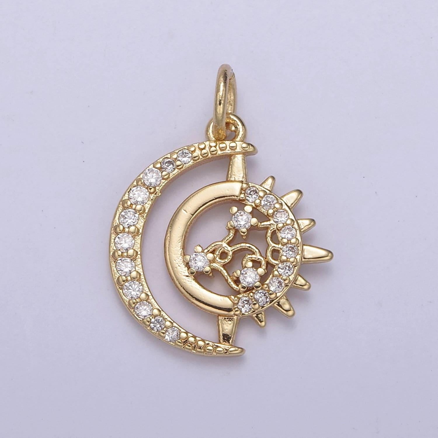 Dainty crescent moon charm micro pave celestial jewelry 18k gold filled moon sun charm n-703