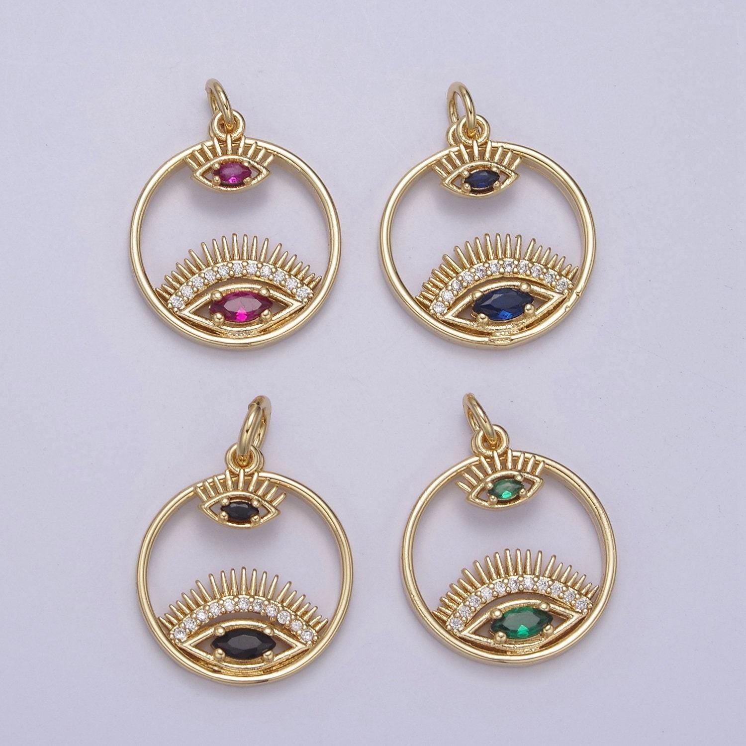 14k gold filled evil eye charm gold disc evil eye pendant, cubic medallion coin, double eye charm, micro pave necklace charm n-698