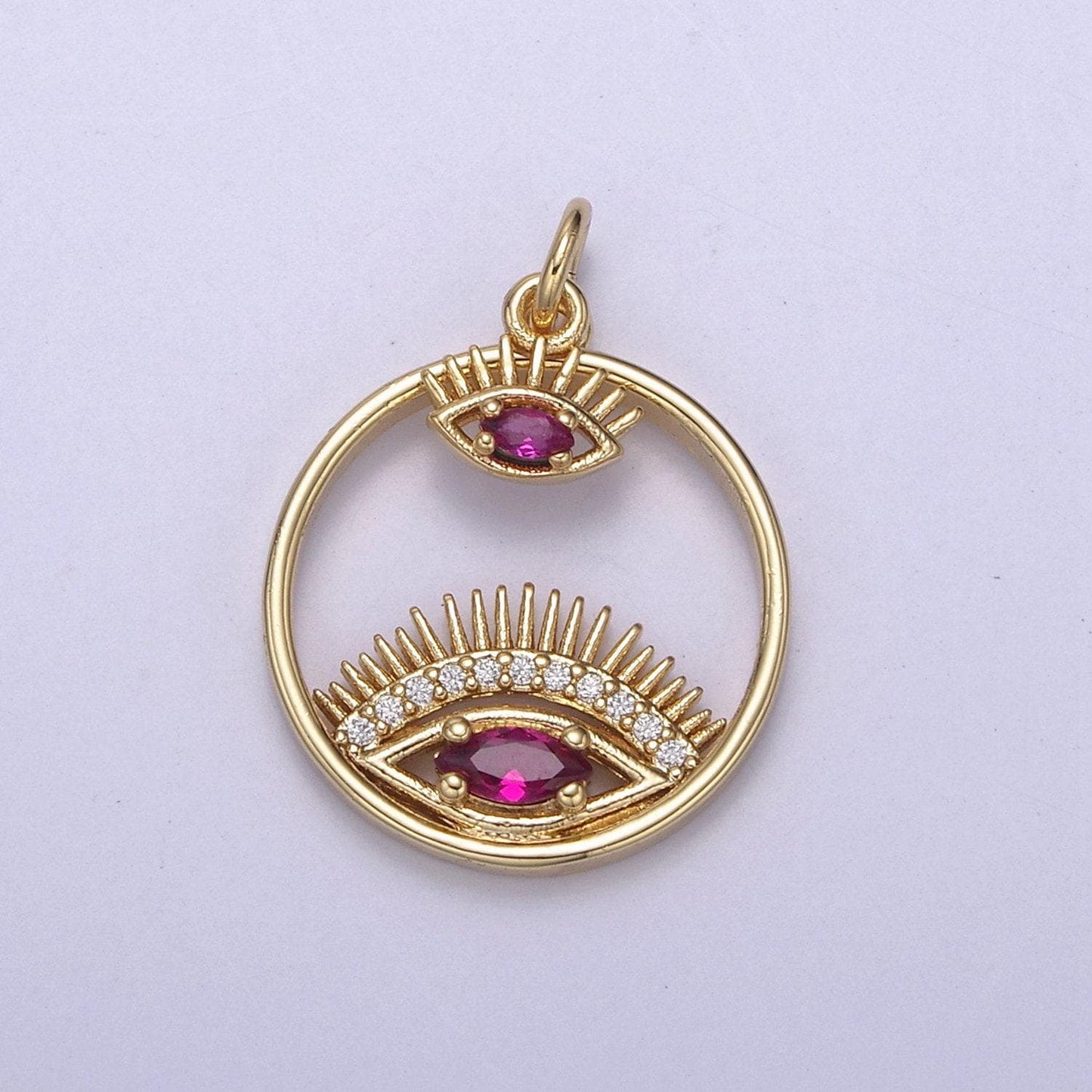 14k gold filled evil eye charm gold disc evil eye pendant, cubic medallion coin, double eye charm, micro pave necklace charm n-698