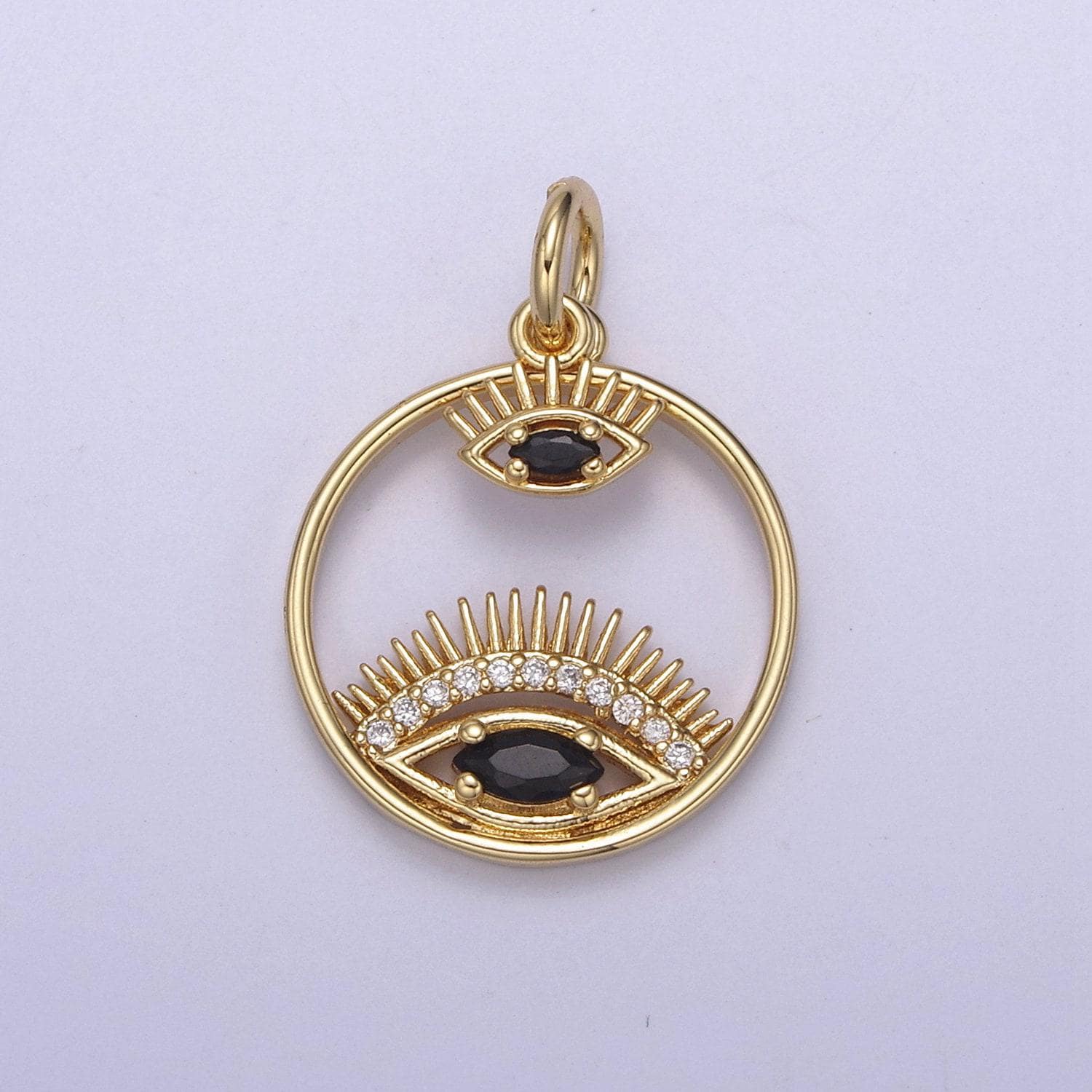14k gold filled evil eye charm gold disc evil eye pendant, cubic medallion coin, double eye charm, micro pave necklace charm n-698