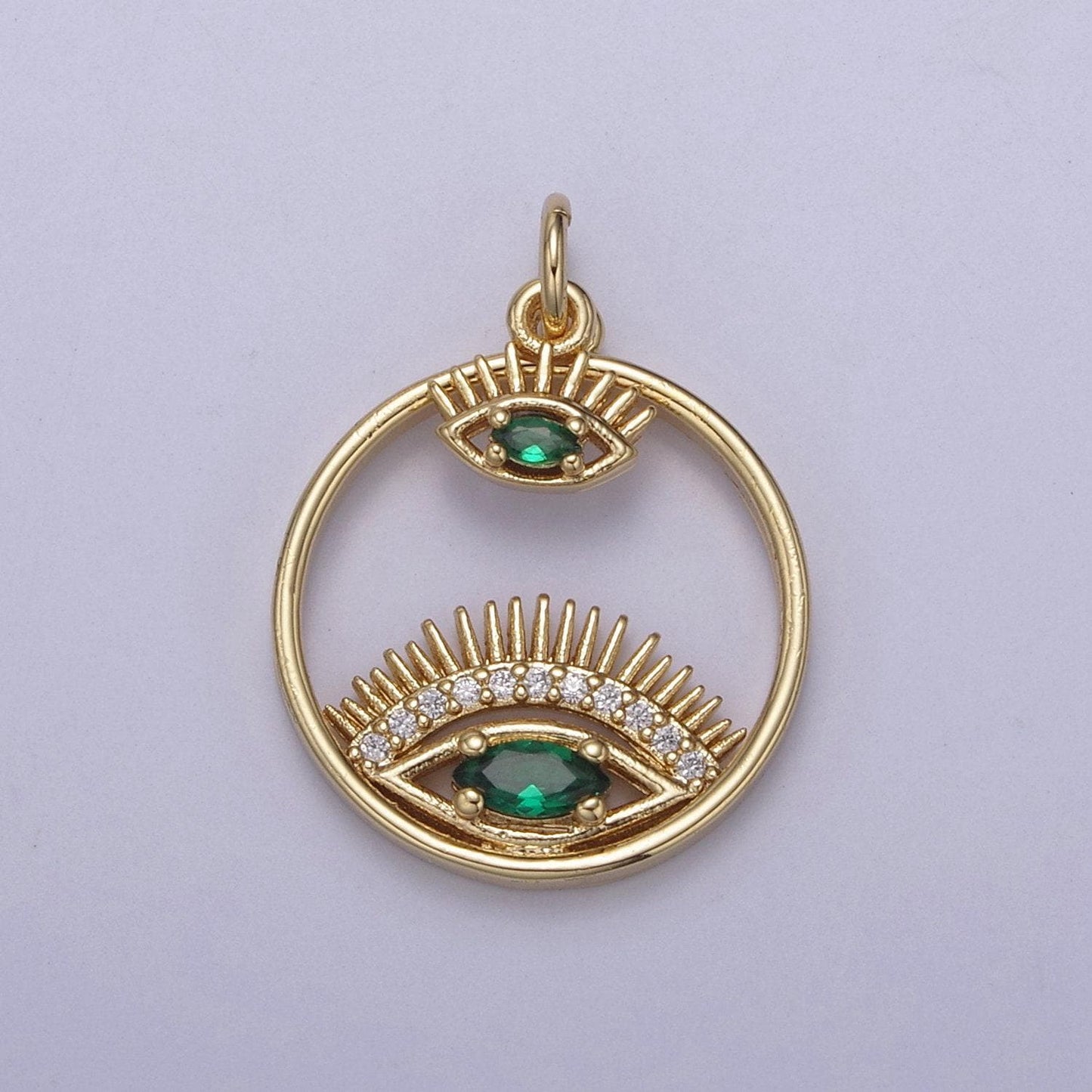14k gold filled evil eye charm gold disc evil eye pendant, cubic medallion coin, double eye charm, micro pave necklace charm n-698
