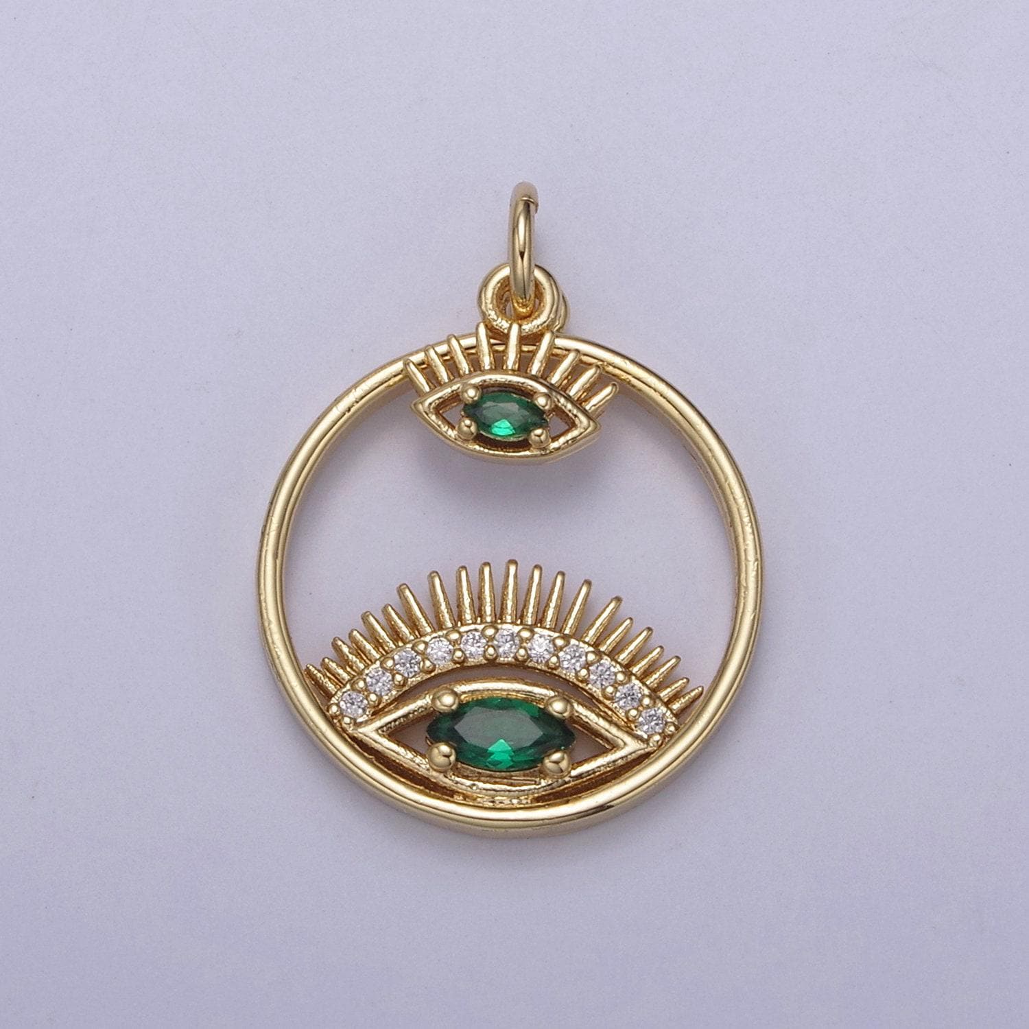 14k gold filled evil eye charm gold disc evil eye pendant, cubic medallion coin, double eye charm, micro pave necklace charm n-698