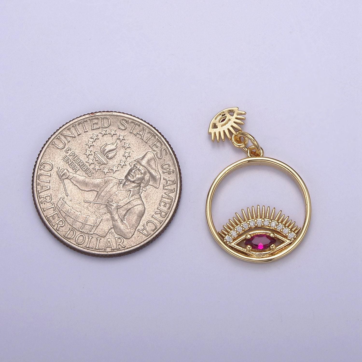 14k gold filled evil eye charm gold disc evil eye pendant, cubic medallion coin, double eye charm, micro pave necklace charm n-698