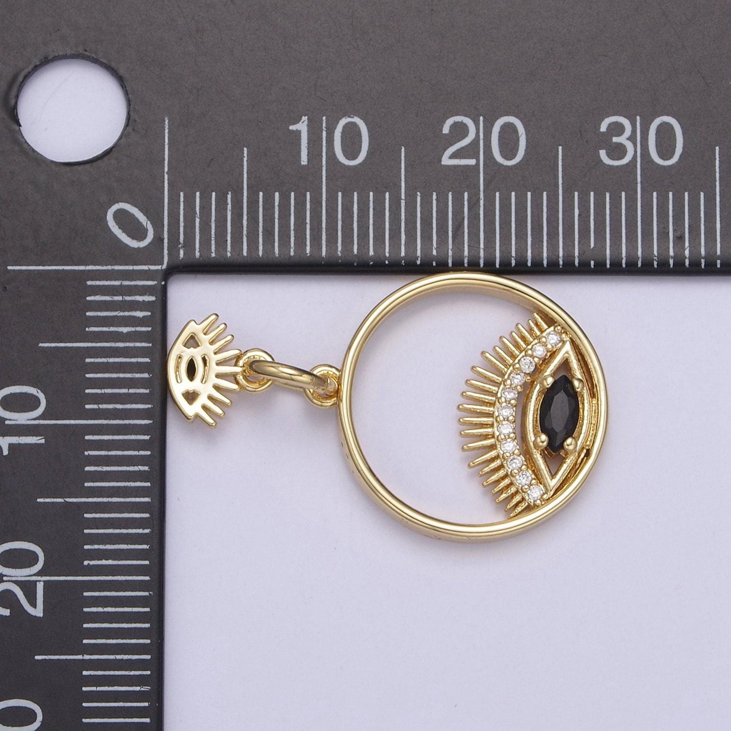 14k gold filled evil eye charm gold disc evil eye pendant, cubic medallion coin, double eye charm, micro pave necklace charm n-698
