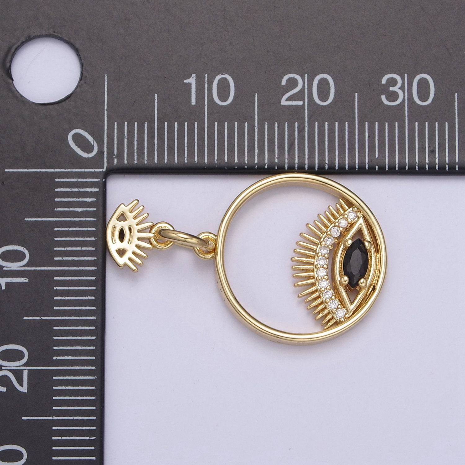 14k gold filled evil eye charm gold disc evil eye pendant, cubic medallion coin, double eye charm, micro pave necklace charm n-698