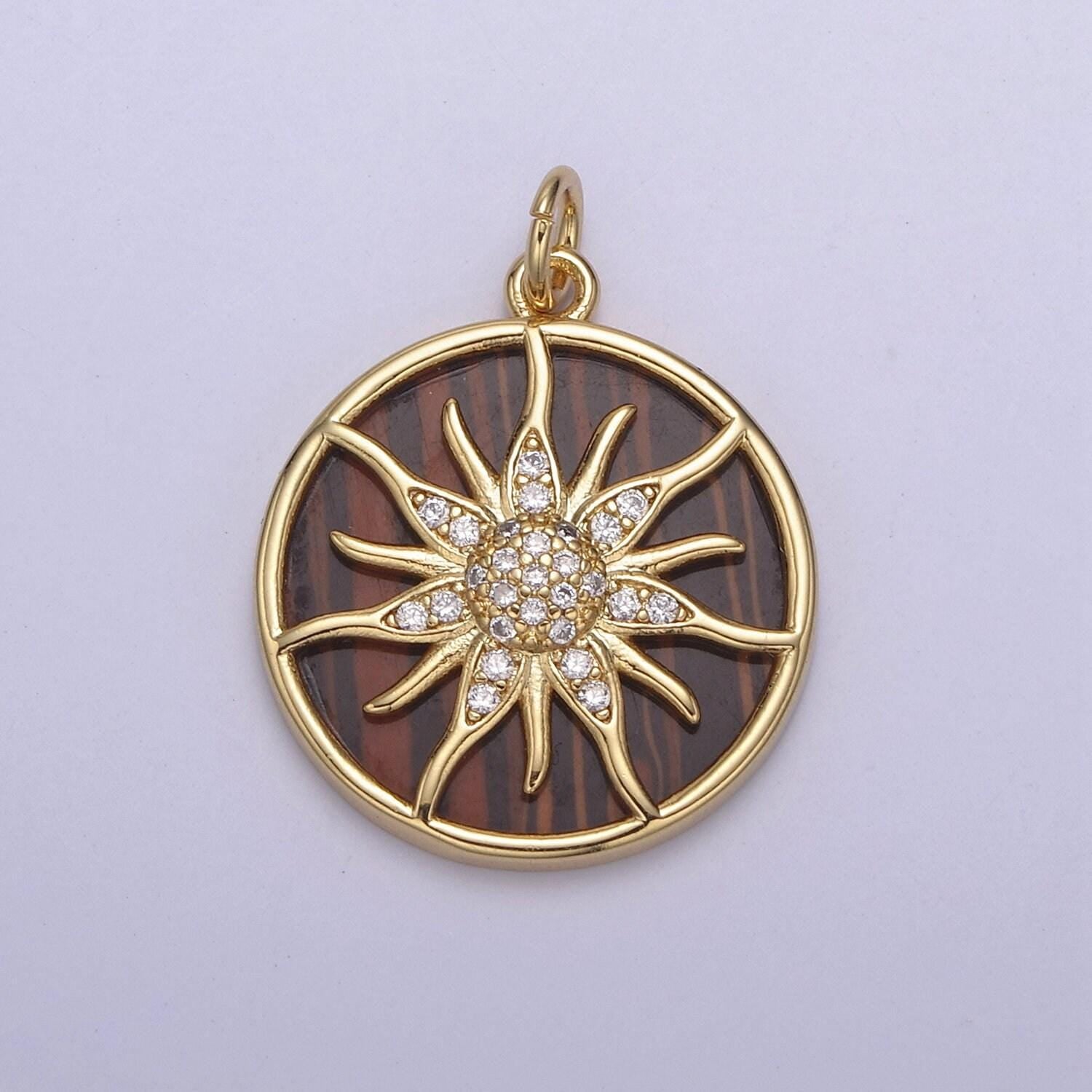 14k gold filled pearl, tiger eye, abalone shell charm pendant sun ray charm for celestial necklace bracelet jewelry making n-690