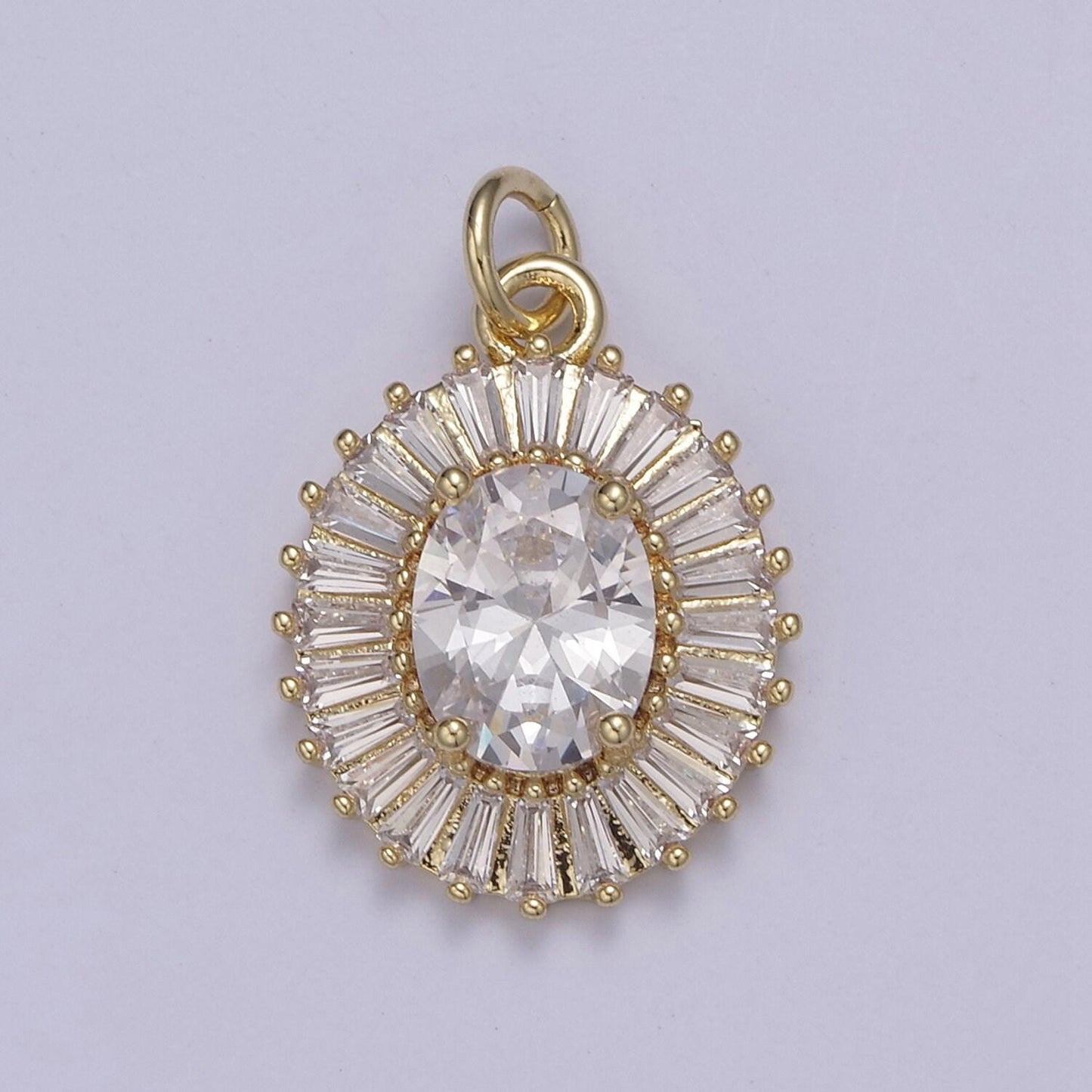 Cubic zirconia oval charm necklace, 14k gold filled dainty oval cz baguette halo pendant, cz diamond charm necklace for women n-651