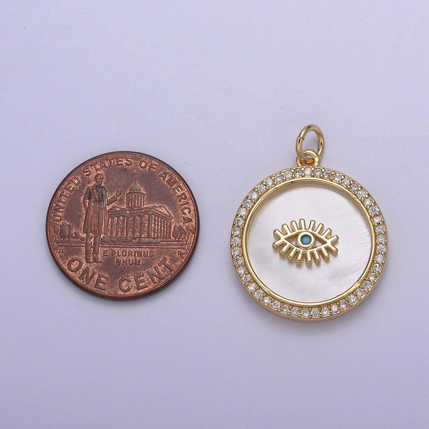 14k gold filled medallion charm mother of pearl, micro pave evil eye pendant for minimalist jewelry