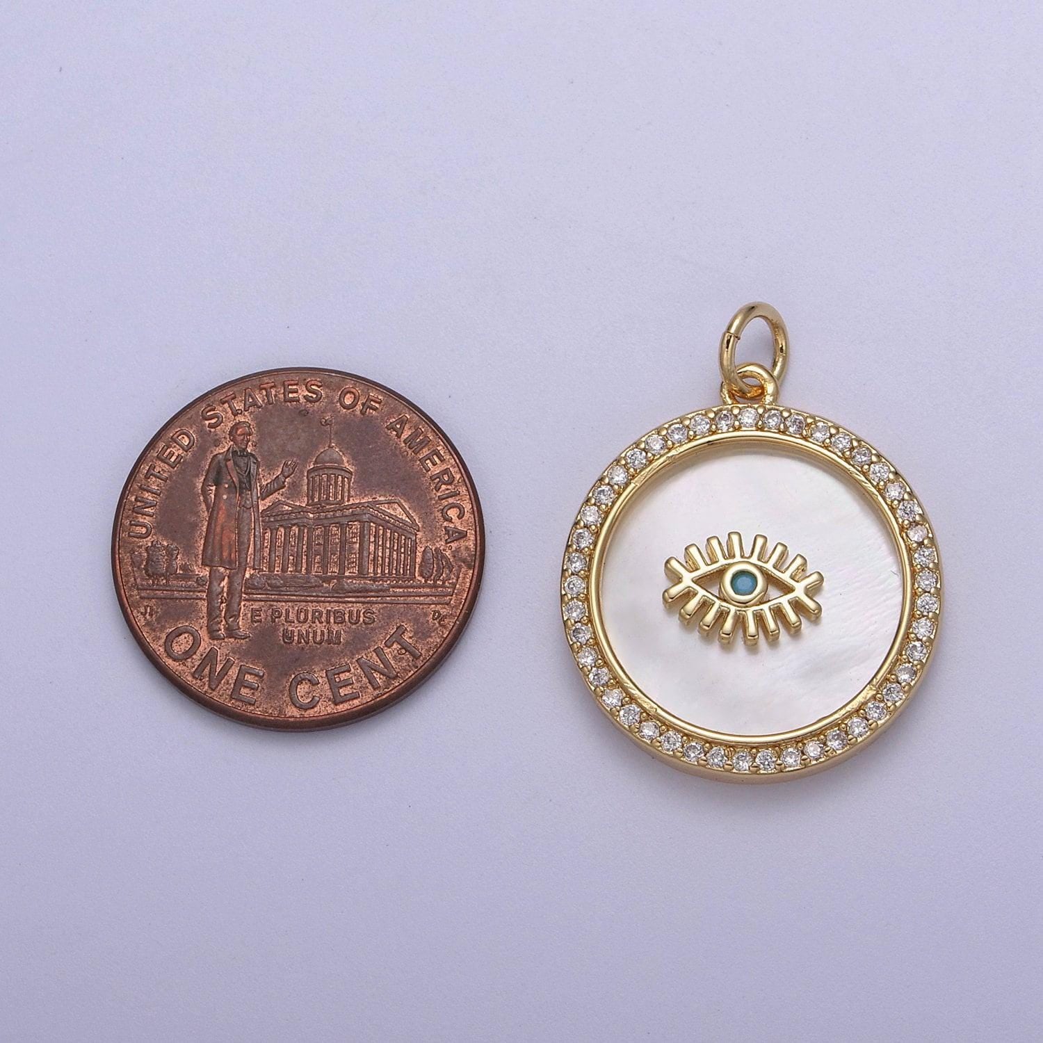 14k gold filled medallion charm mother of pearl, micro pave evil eye pendant for minimalist jewelry
