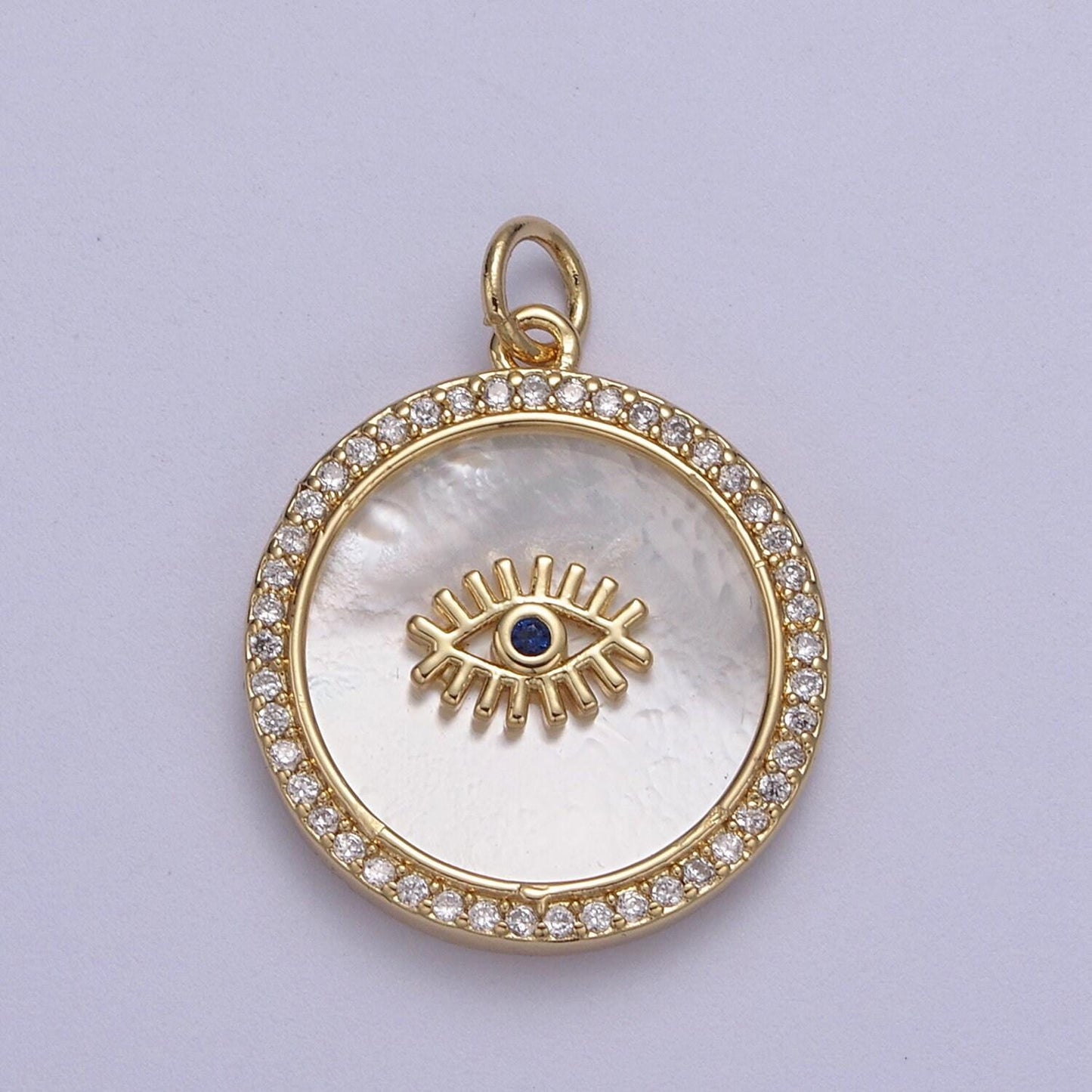 14k gold filled medallion charm mother of pearl, micro pave evil eye pendant for minimalist jewelry